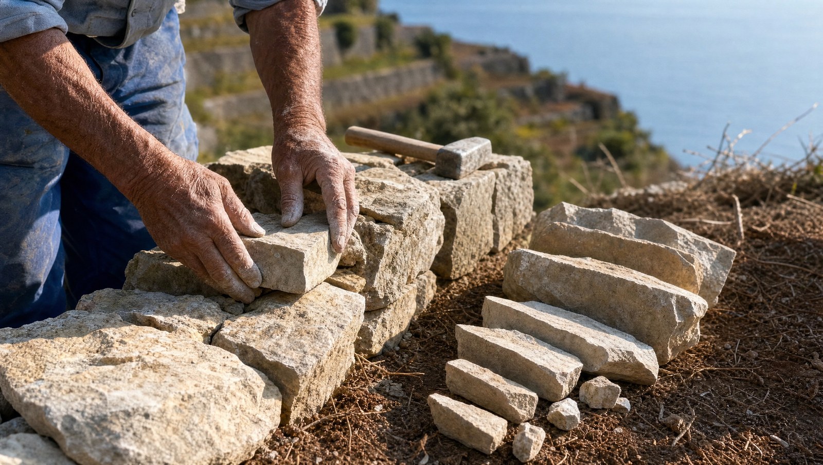 Les mains d'un marger remontant un mur en pierre sèche