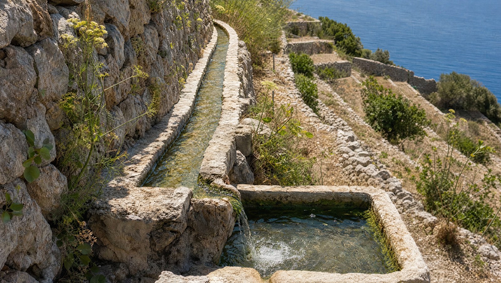 Canal d'irrigation en pierre sur une terrasse de Banyalbufar