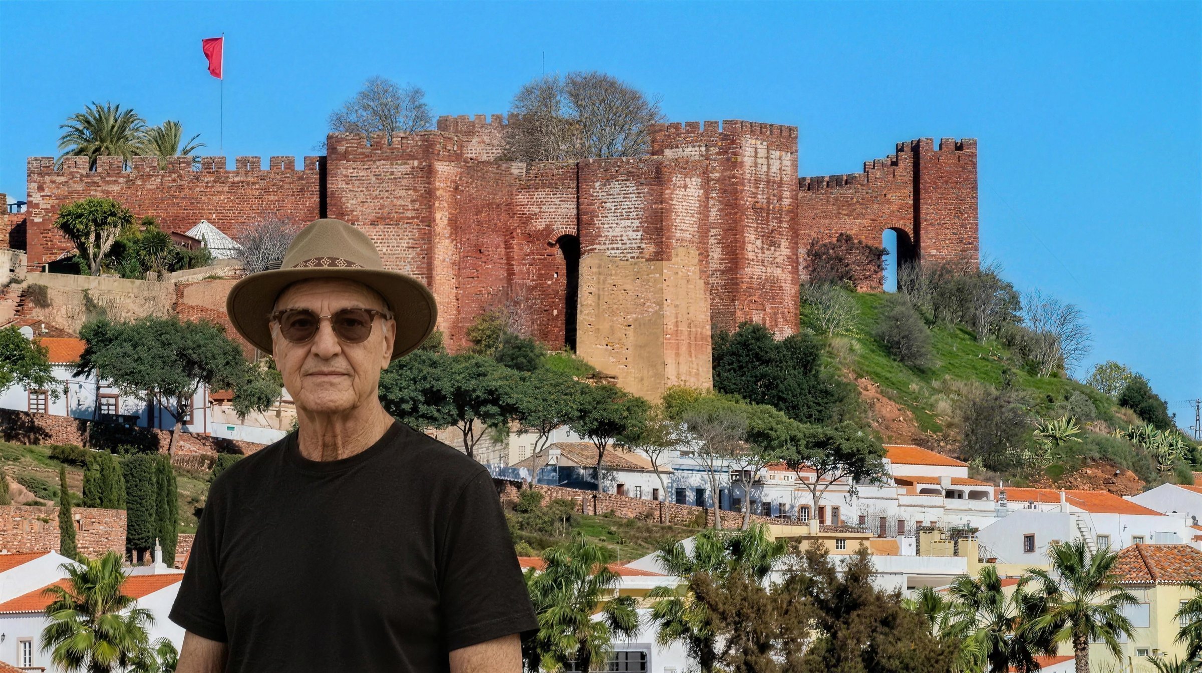 Lucas Lunes devant le château de grès rouge de Silves, Algarve, Portugal