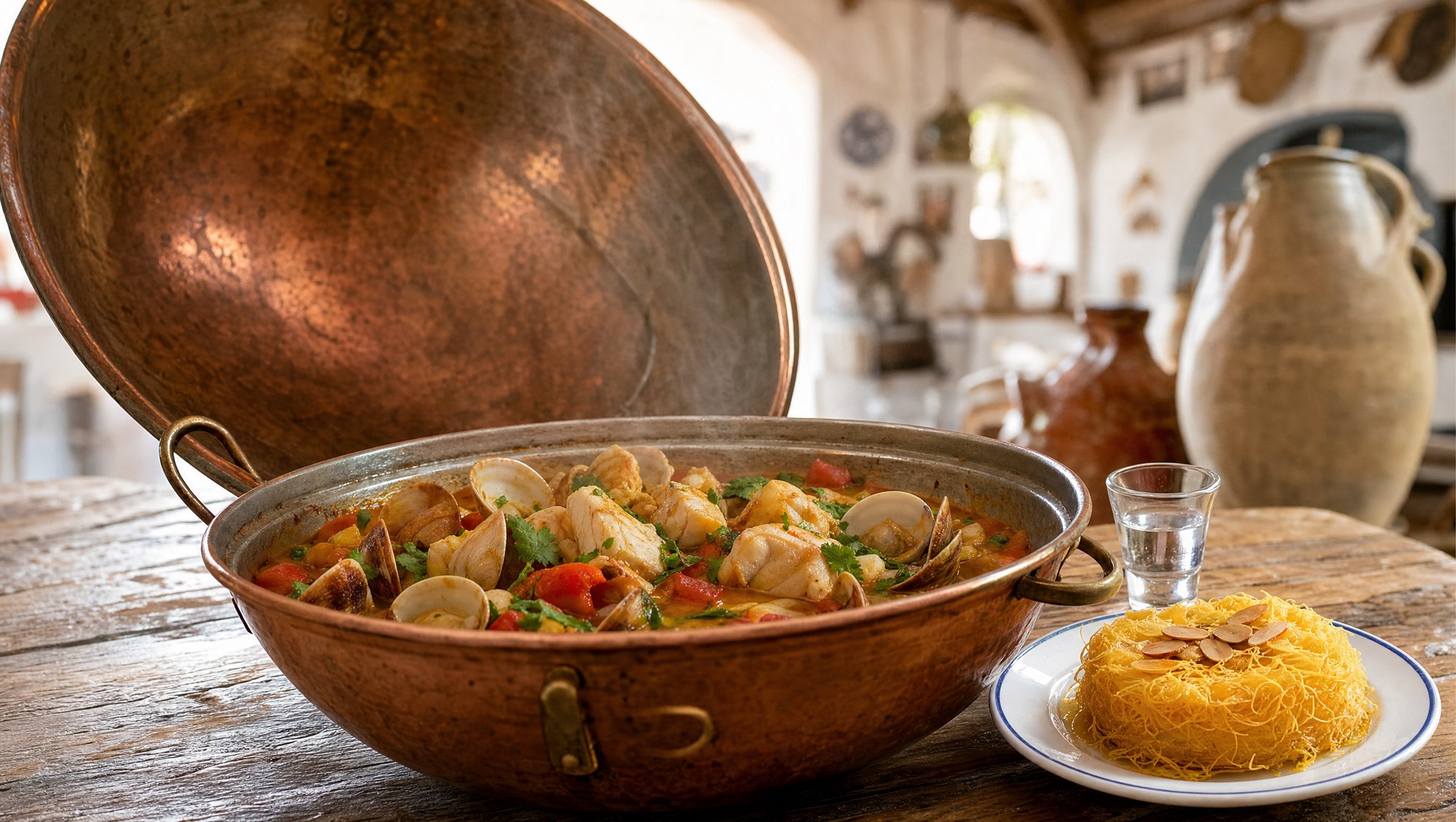 Cataplana algarvienne de tamboril et palourdes, verre de medronho et Dom Rodrigo