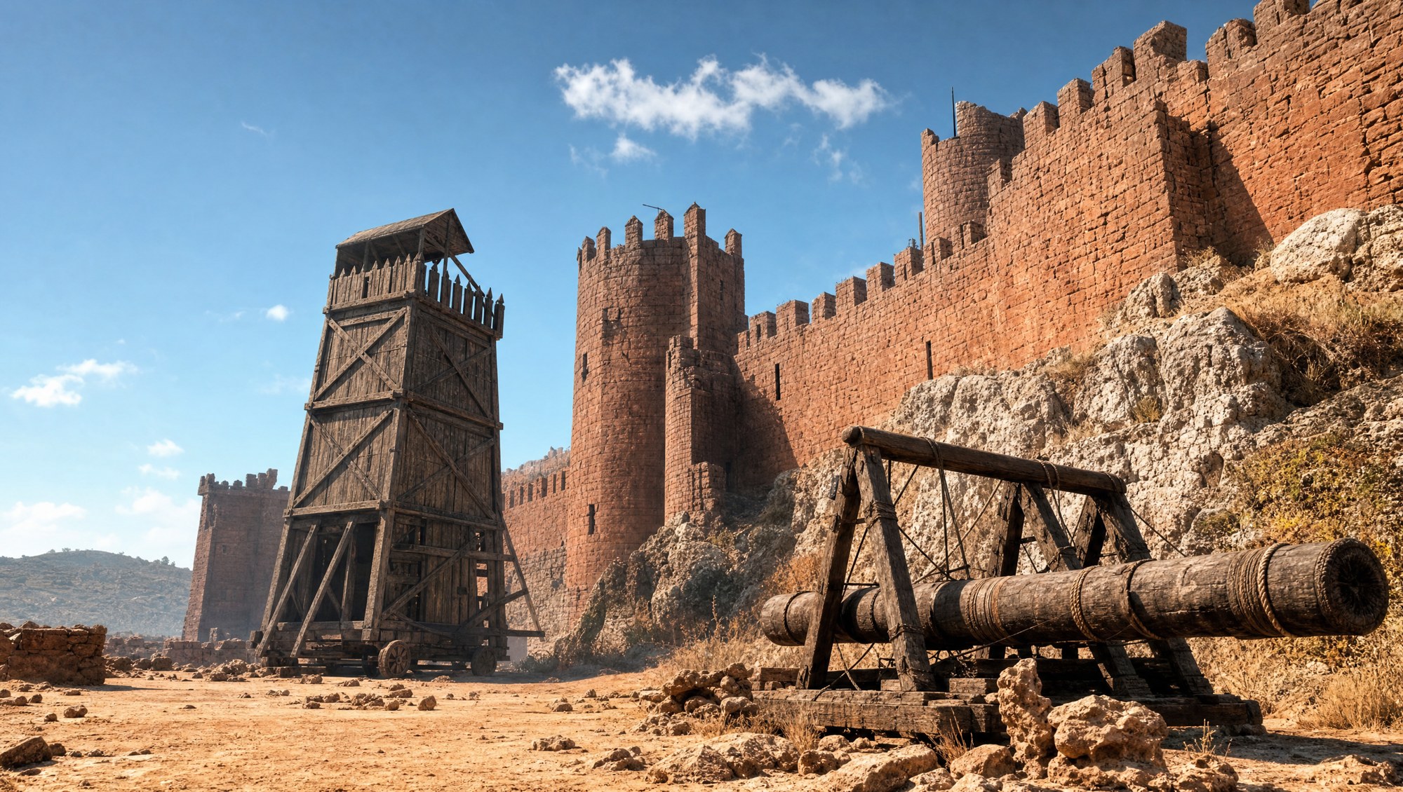 Tour de siège et bélier au pied des remparts de grès rouge de Silves