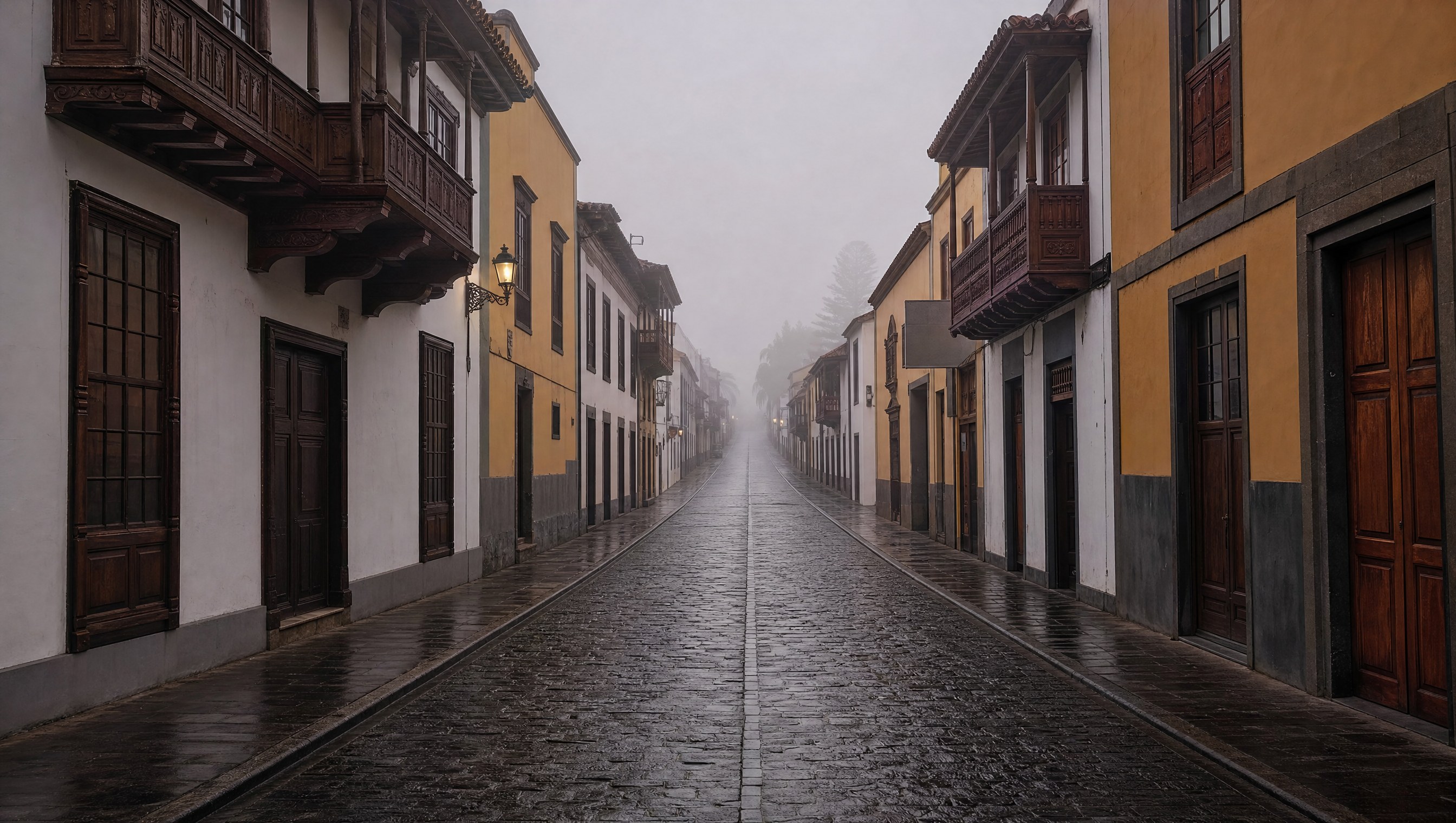 Rue coloniale rectiligne de La Laguna sous la brume matinale