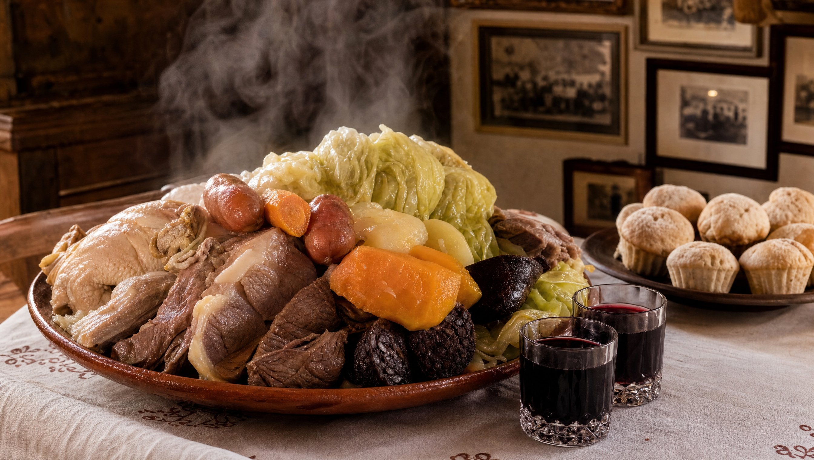 Le plat de cozido das Furnas fumant, viandes fondantes, chou, carottes, chouriço et morcela, avec des verres de vinho de cheiro et des bolos lêvedos