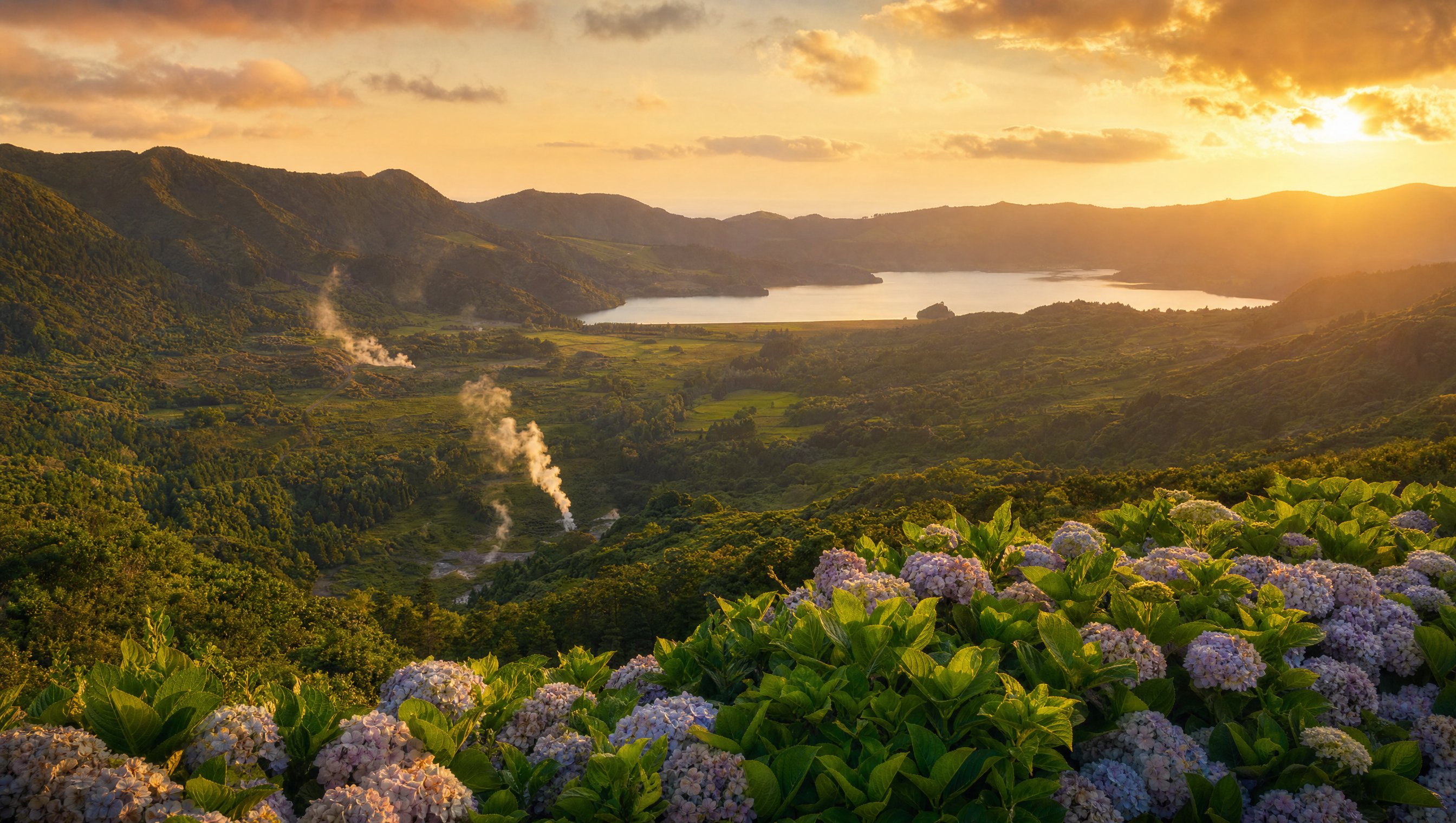 La vallée-cratère verte de Furnas au coucher de soleil, hortensias au premier plan et colonnes de vapeur géothermique