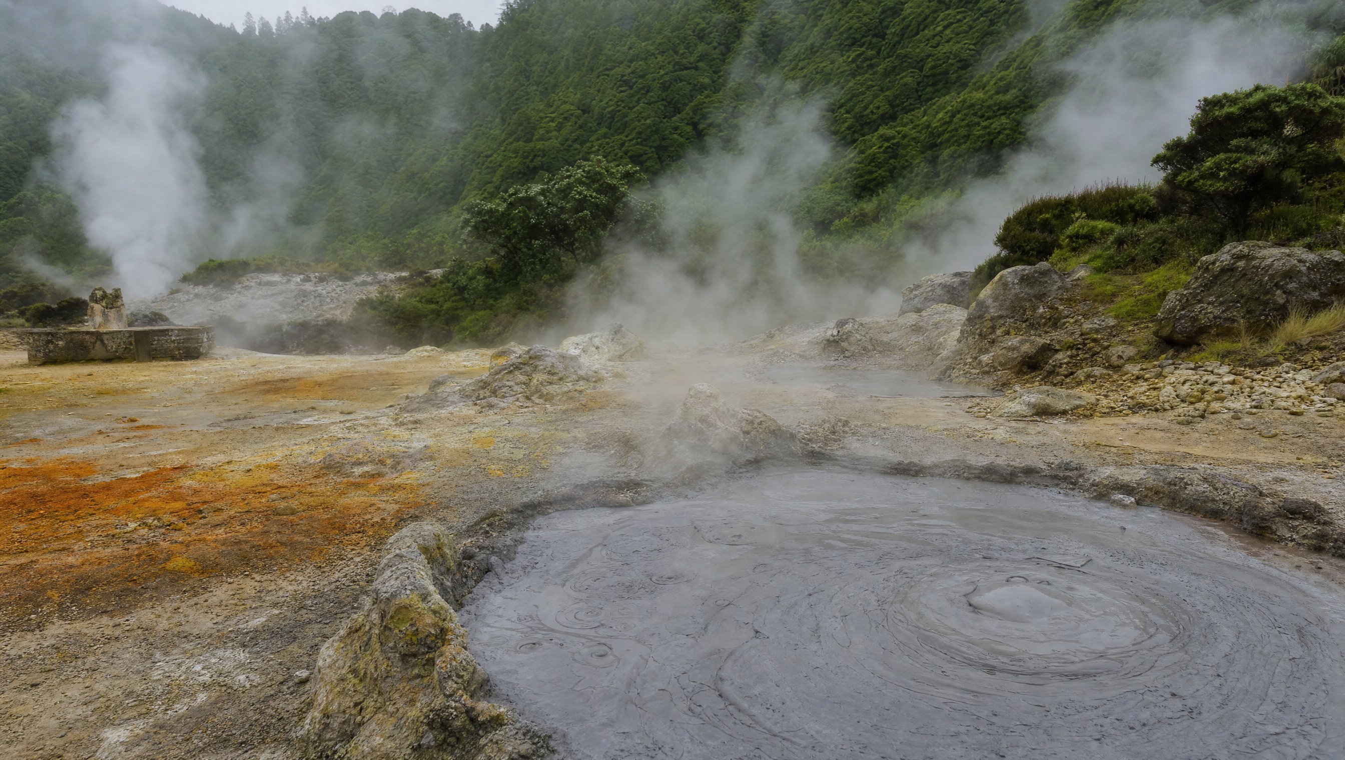 Les caldeiras bouillonnantes de Furnas, bassins de boue grise et fumerolles de soufre au fond du cratère vert