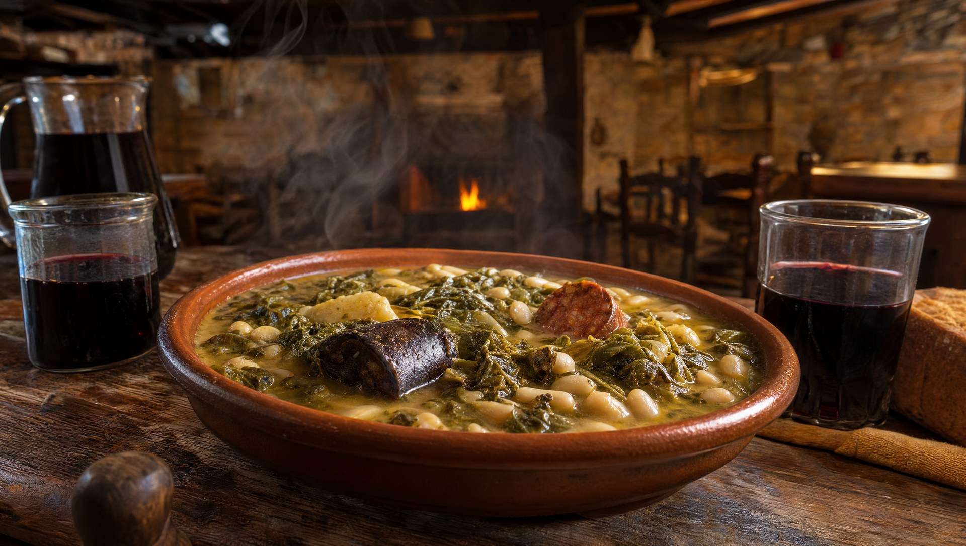 Cocido montañés fumant dans une auberge cantabrique de pierre