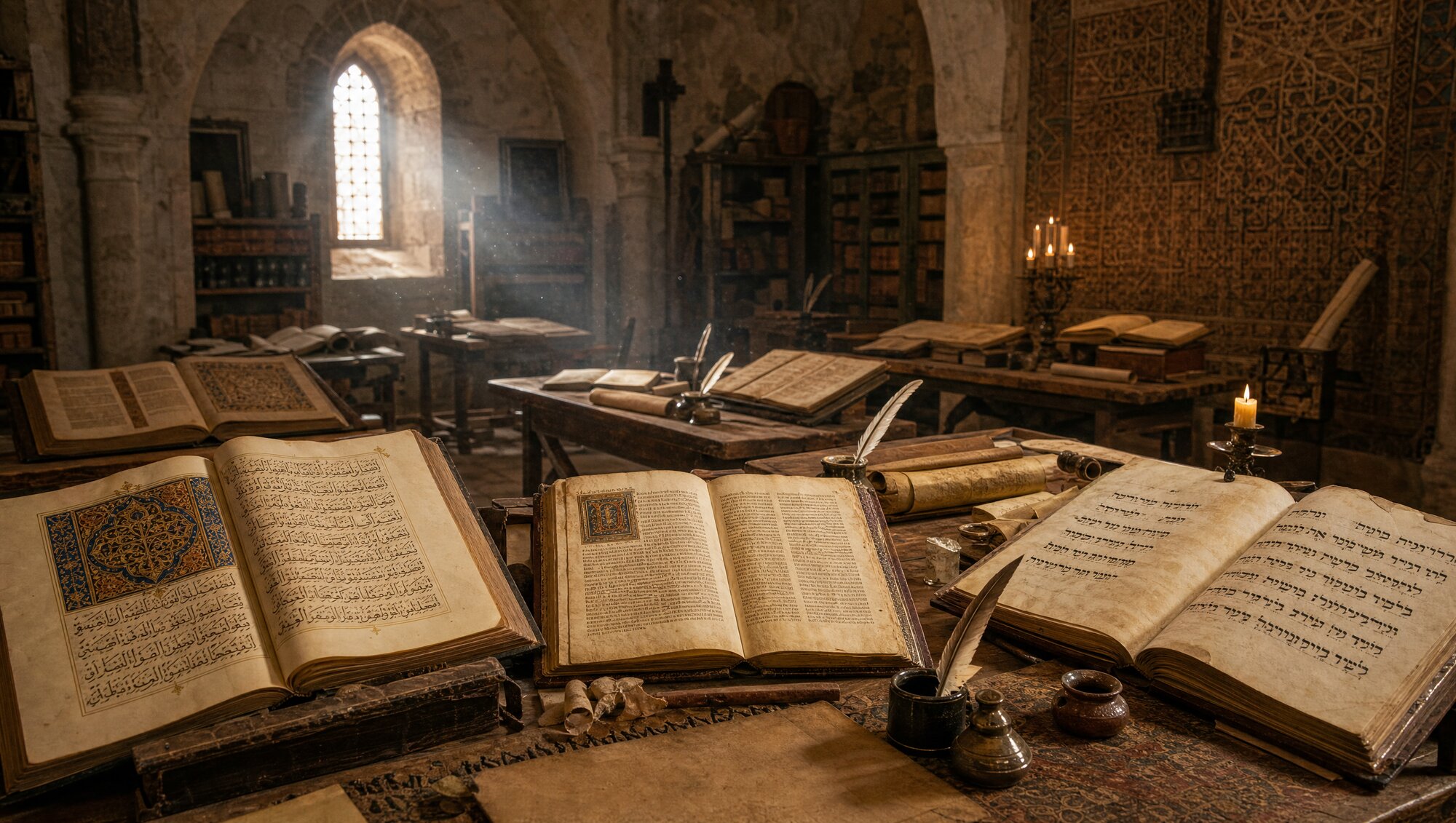 Manuscrits en arabe, en latin et en hébreu réunis sur une table de l'École des traducteurs de Tolède