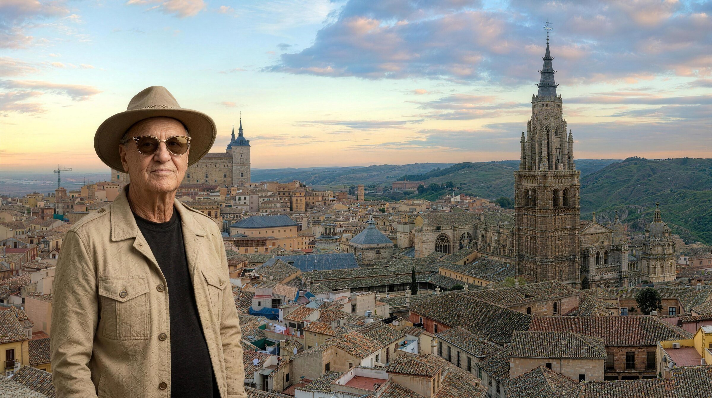 Lucas Lunes contemplant la ville de Tolède depuis un belvédère, la cathédrale et l'Alcázar se dressant sur la colline au-dessus du Tage