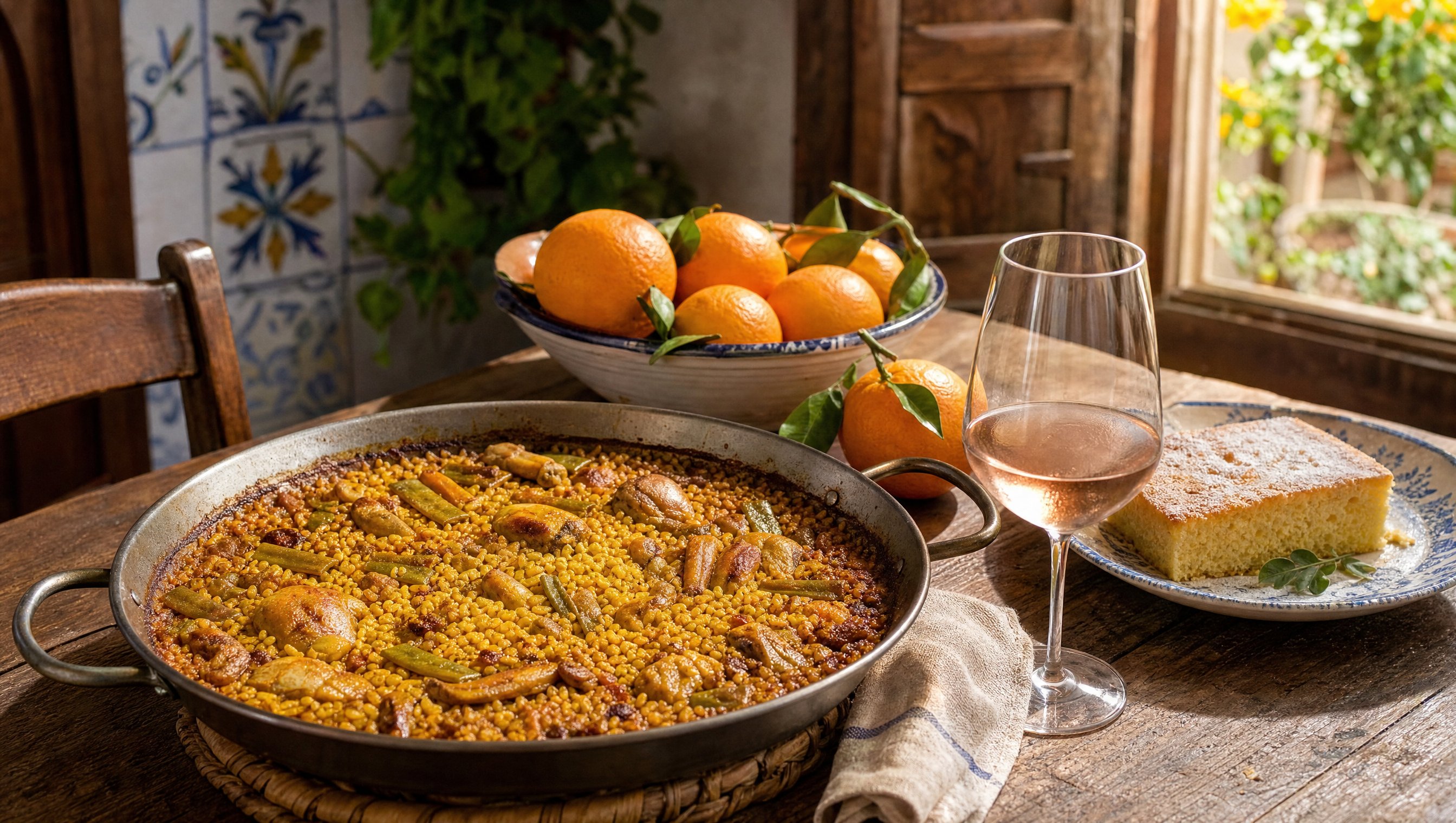 Table valencienne : paella, vin rosé, coca de llanda et oranges