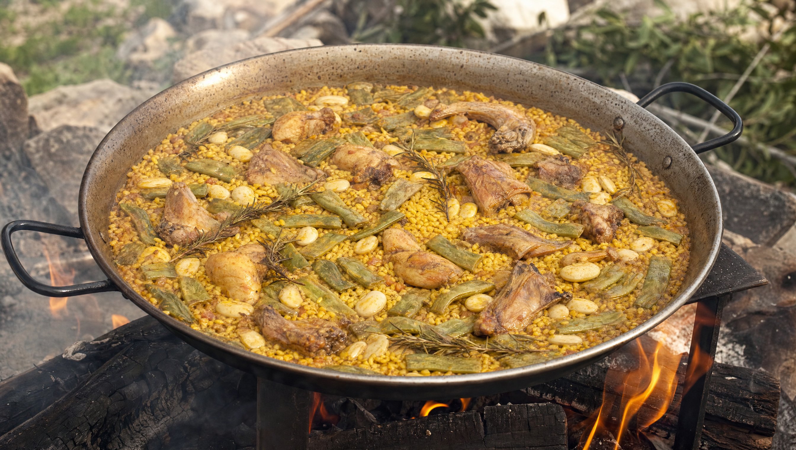 Une paella valenciana cuisant sur un feu de bois d'oranger