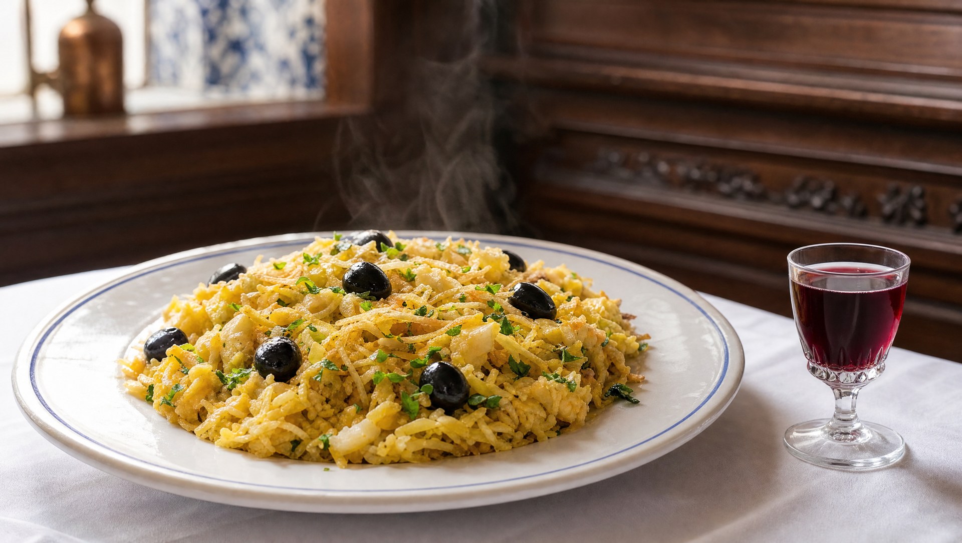 Un bacalhau à Brás accompagné d'un verre de ginjinha, dans un restaurant ancien de Lisbonne