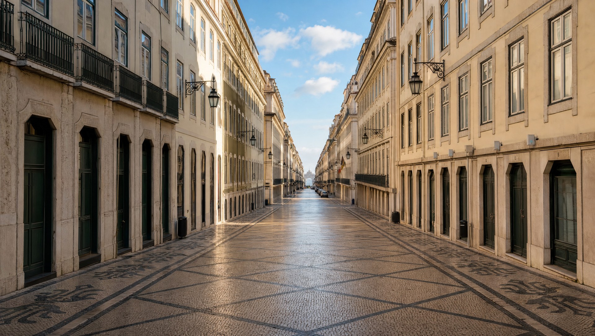 Une rue rectiligne de la Baixa Pombalina de Lisbonne, aux façades identiques et à la calçada géométrique
