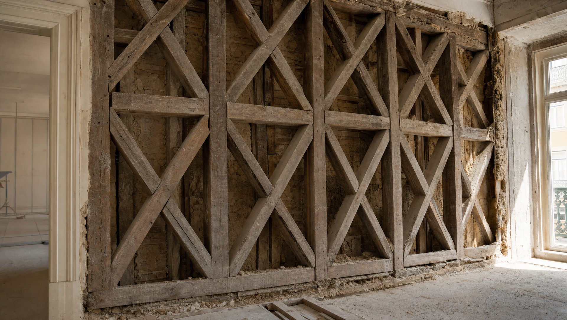 La gaiola pombalina, structure de bois antisismique en croix de Saint-André cachée dans les murs de la Baixa