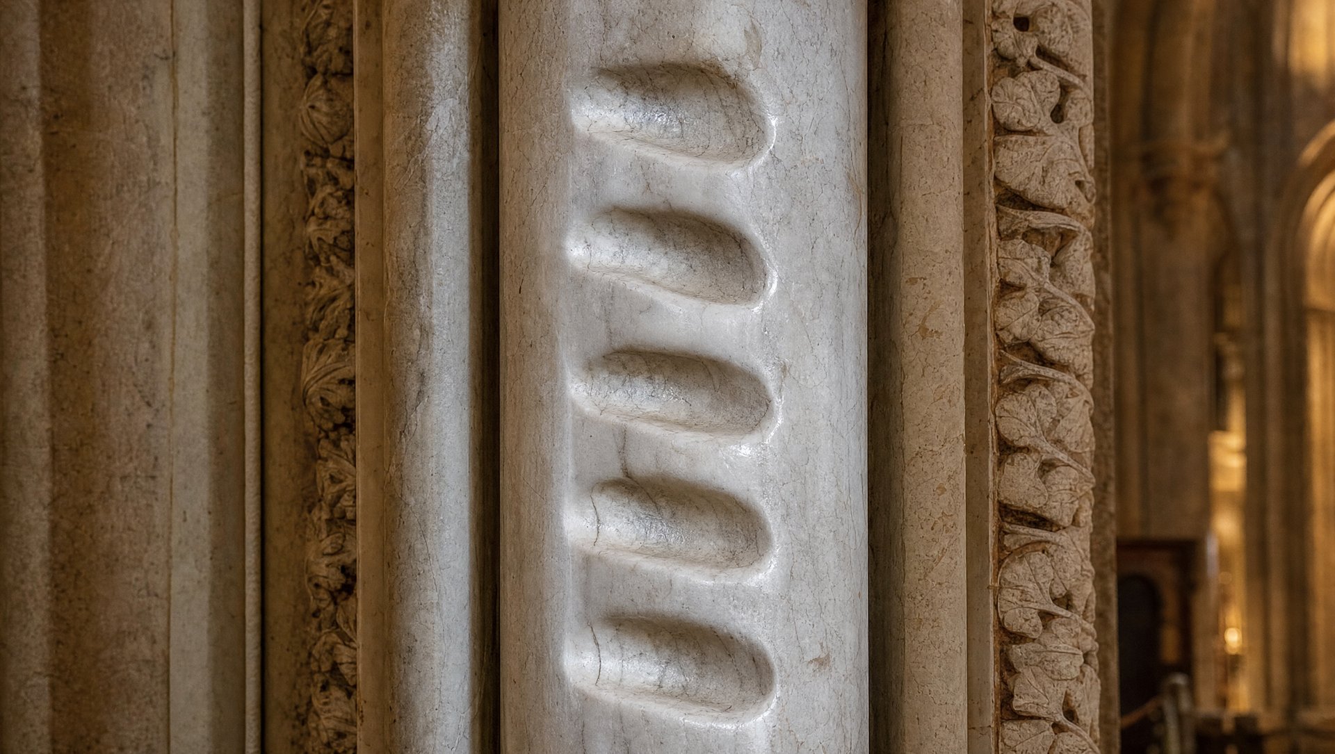 La colonne de marbre du Portico de la Gloria, creusee par les mains des pelerins