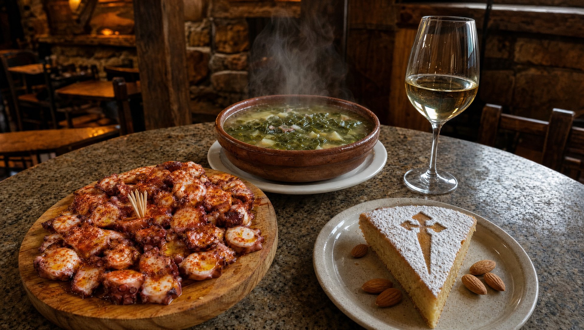 Table galicienne: pulpo a feira, caldo gallego, Albarino et tarta de Santiago