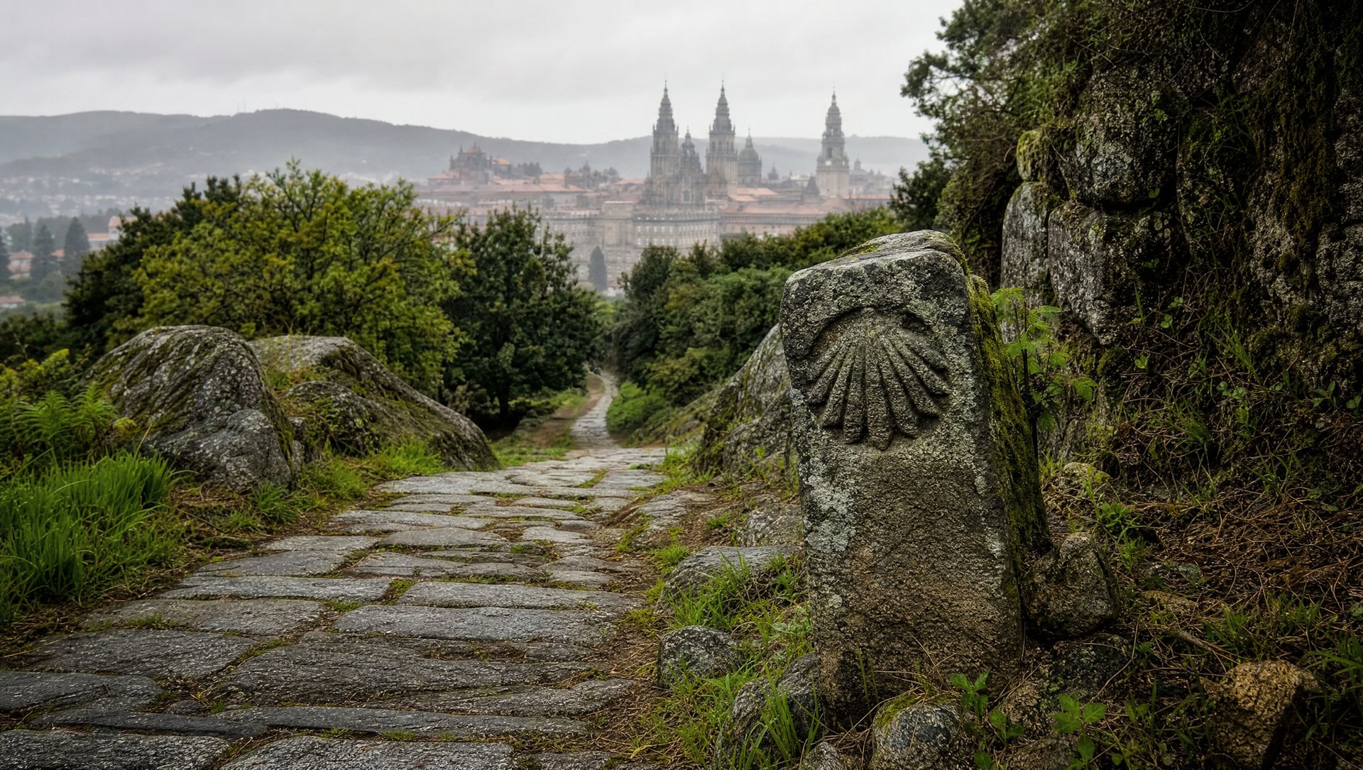 Ancien chemin de pierre vers Compostelle, borne a coquille Saint-Jacques, la cathedrale au loin