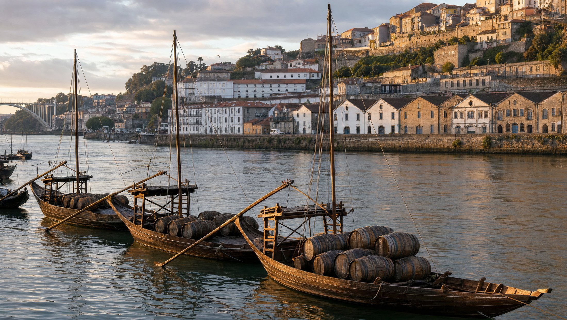 Barcos rabelos chargés de fûts de porto sur le Douro, devant les chais de Vila Nova de Gaia