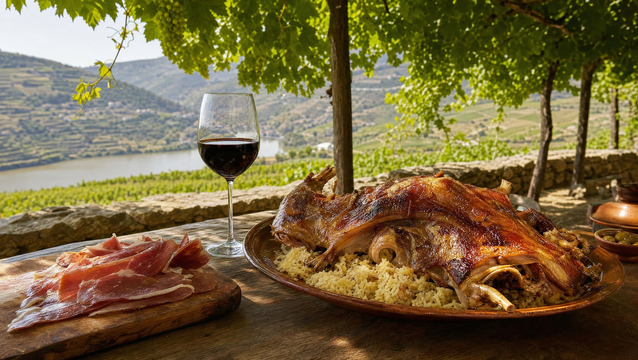 Table d'une quinta du Douro : cabrito assado, presunto et verre de vin rouge du Douro
