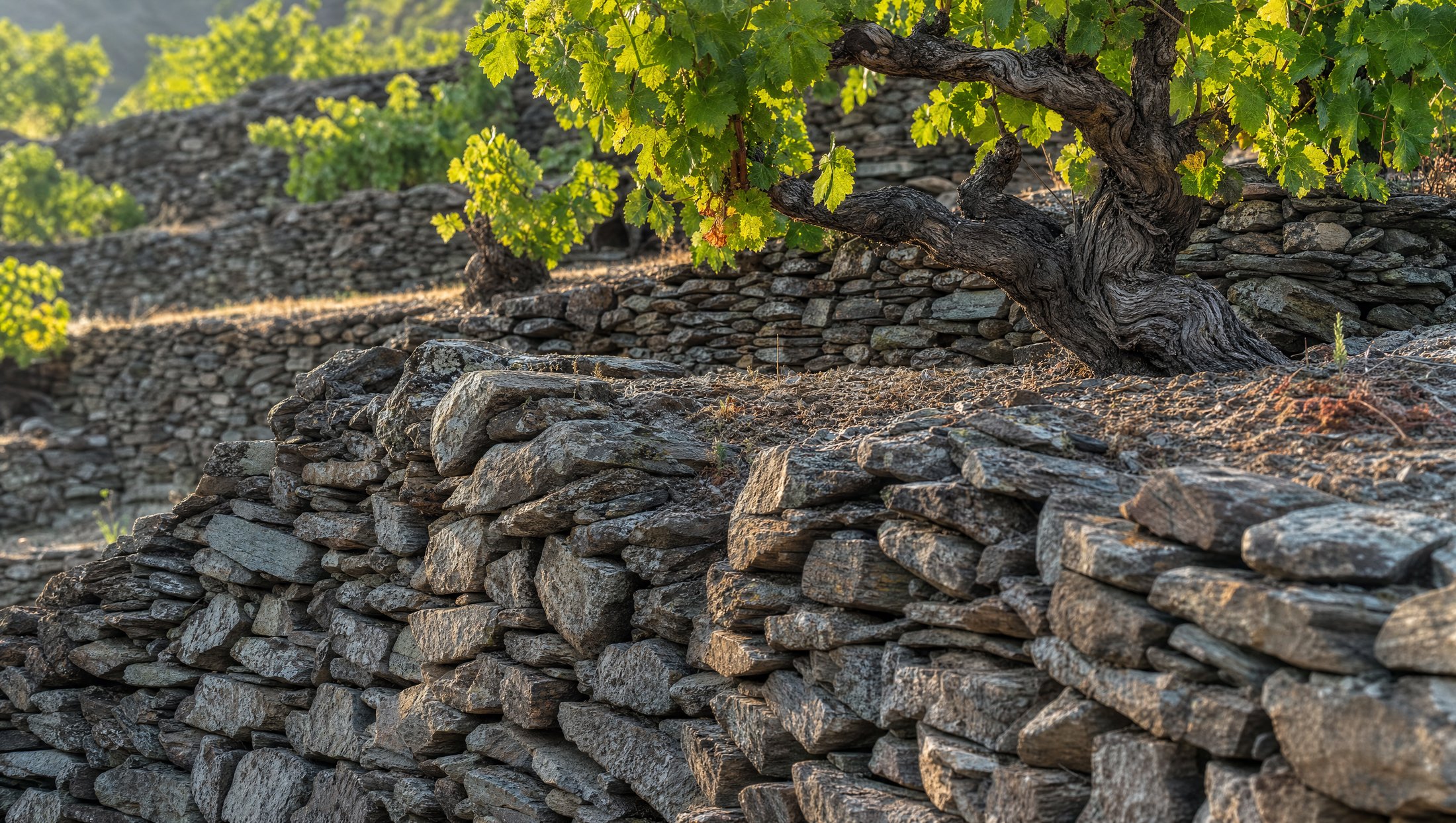 Murs de pierre sèche en schiste des terrasses (socalcos) d'une vigne du Haut-Douro