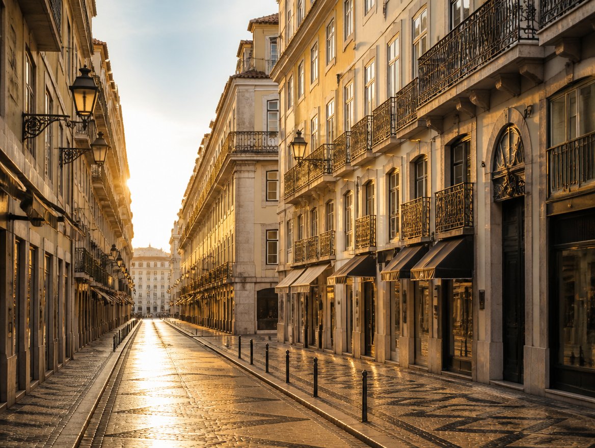 Rue rectiligne de la Baixa Pombalina, façades néoclassiques et calçada portugaise