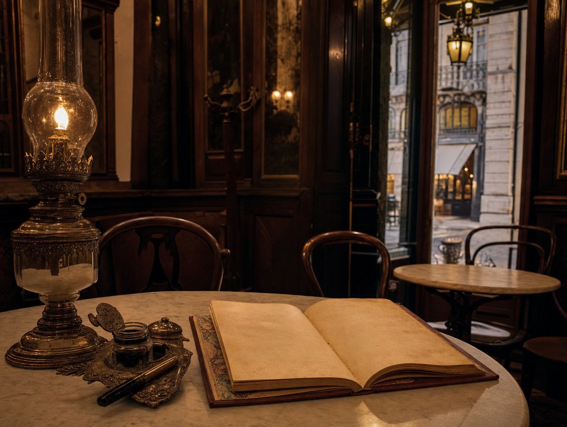 Table de café littéraire du Chiado au XIXe siècle, livre ancien ouvert