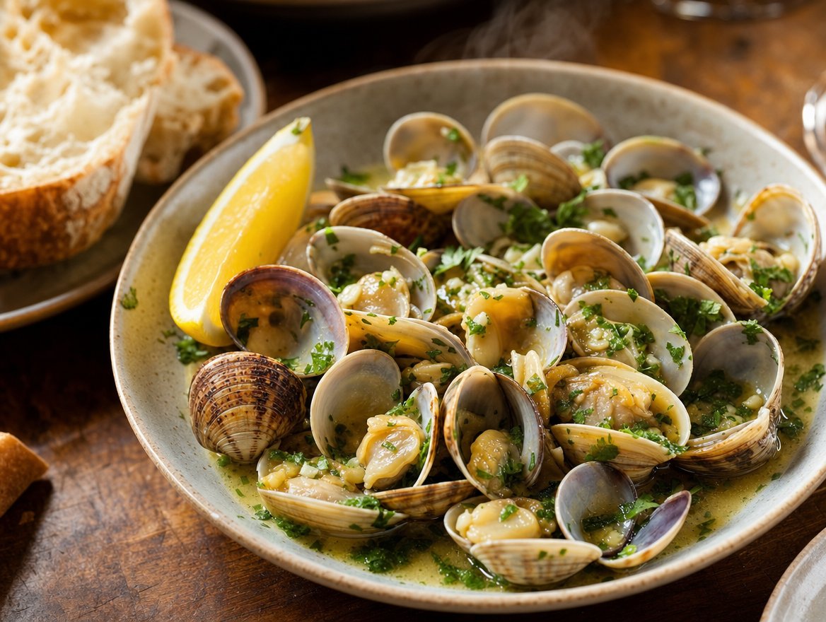 Assiette d'amêijoas à Bulhão Pato fumantes, ail, coriandre et vin blanc, avec du pain