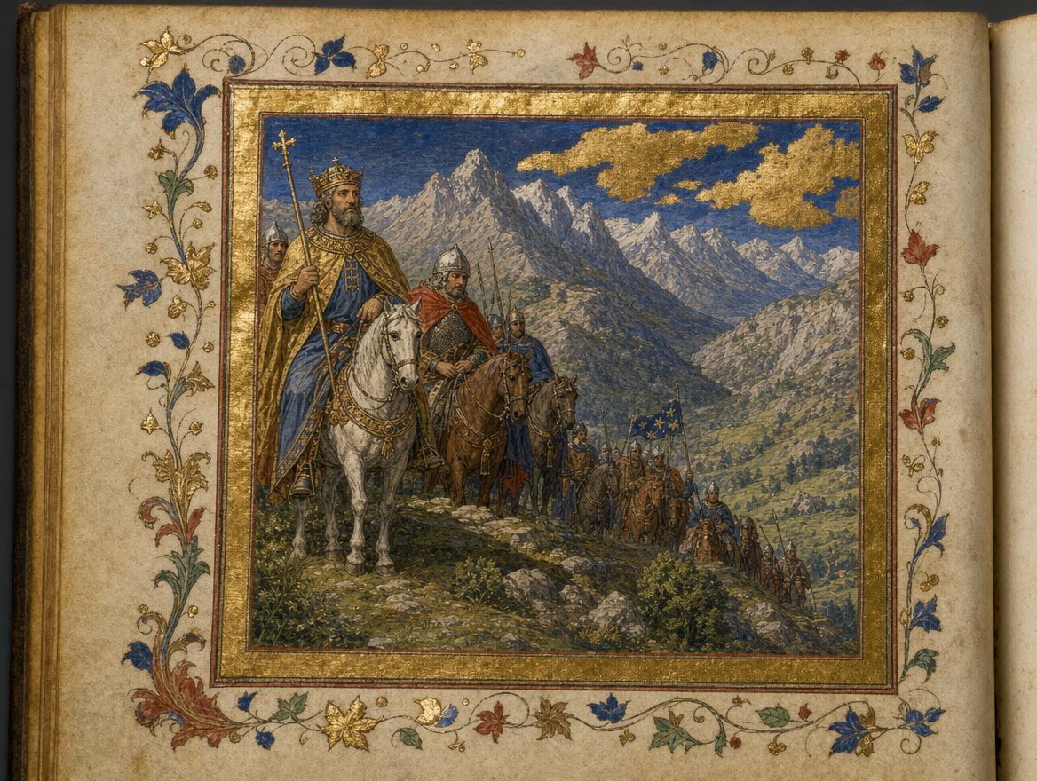 Manuscrit médiéval enluminé représentant Charlemagne et son armée dans les Pyrénées