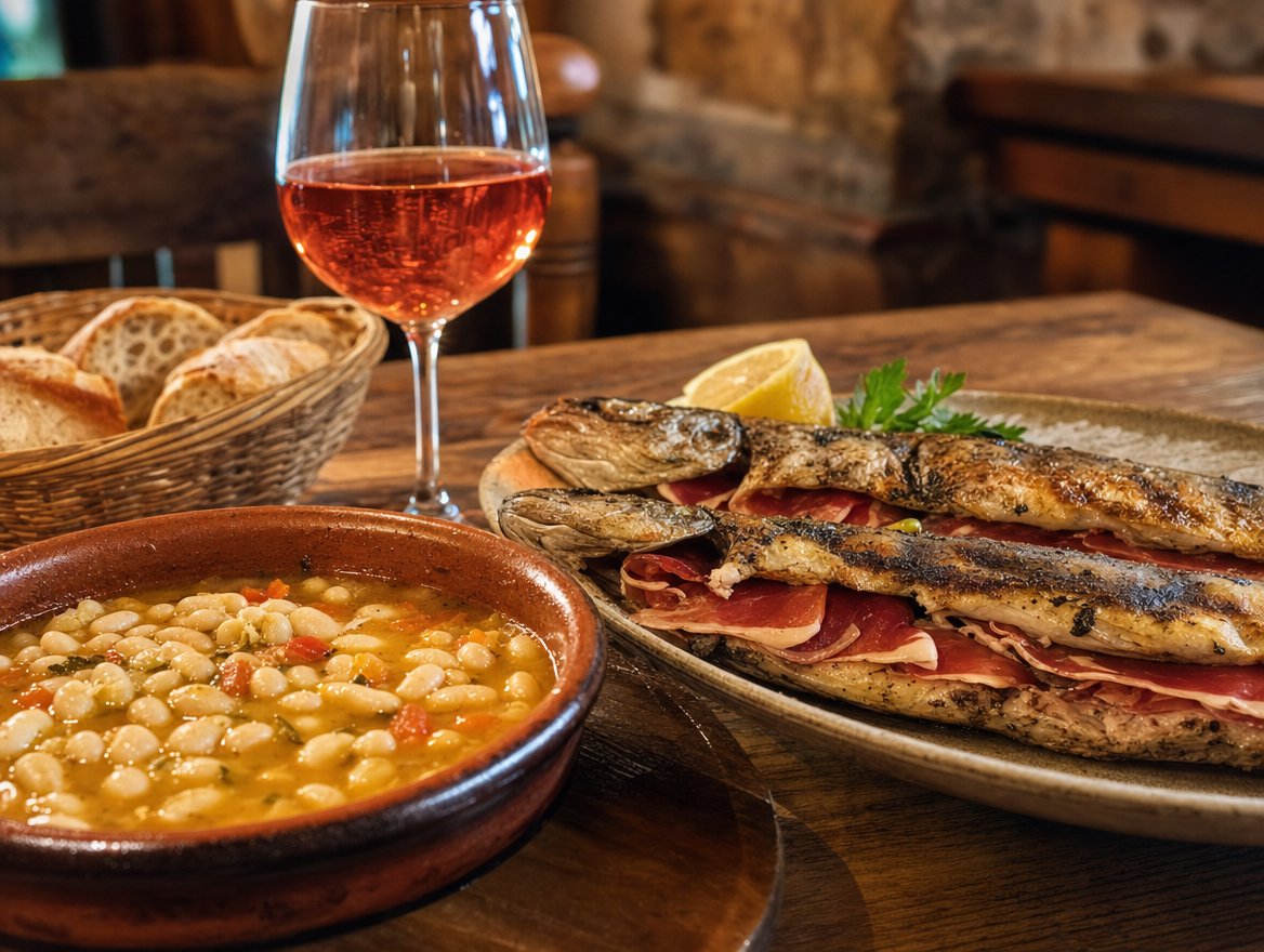 Table navarraise : pochas, trucha a la Navarra et un verre de rosé de Navarre