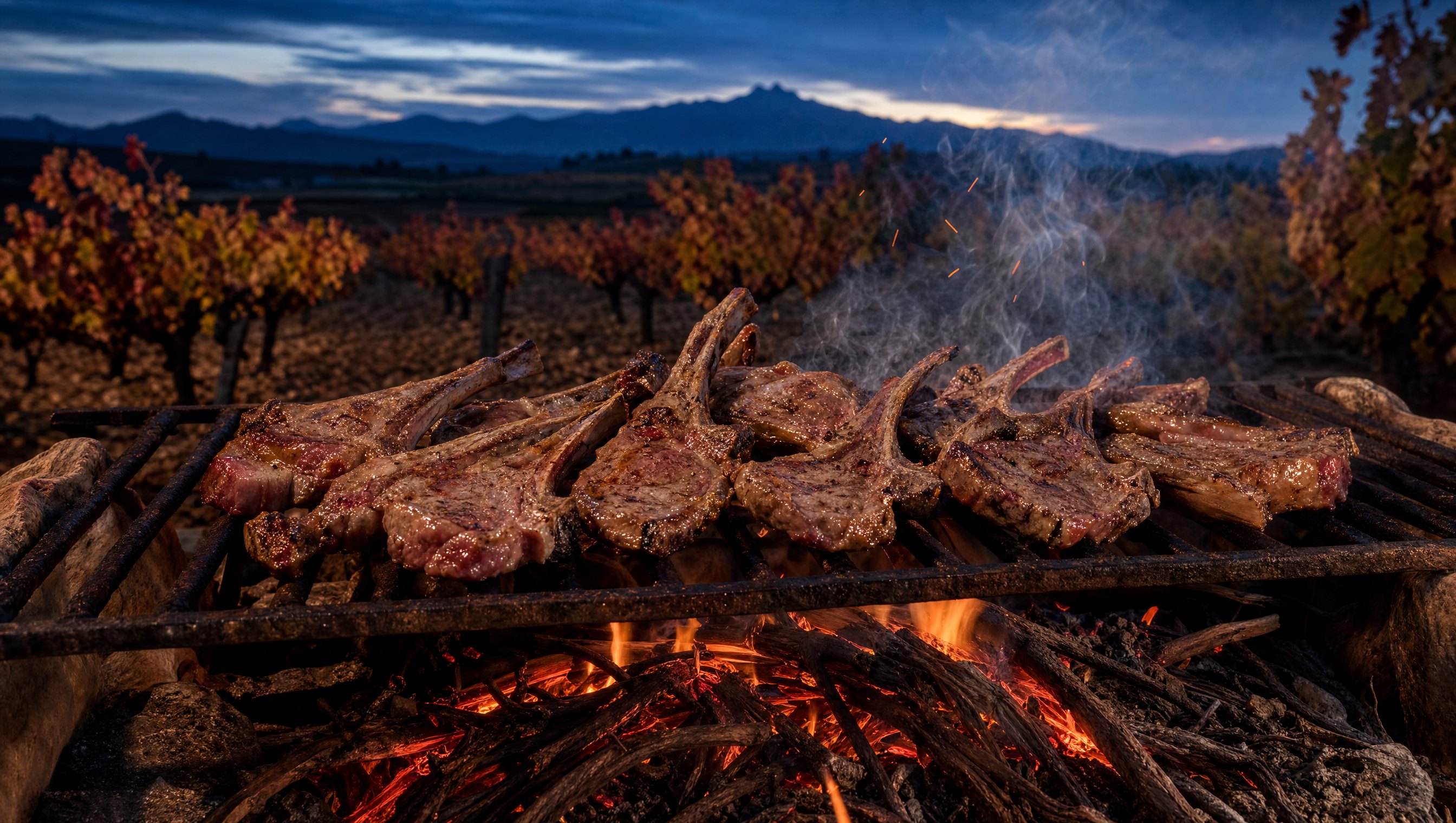 Côtelettes d'agneau grillées sur un feu de sarments de vigne au crépuscule, chuletillas al sarmiento en Rioja
