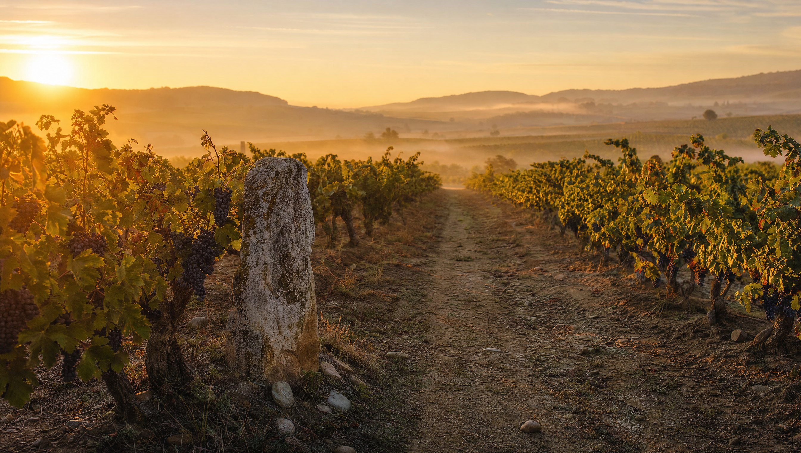 Rangs de vignes chargées de raisins noirs le long du Camino francés en Rioja, à l'aube