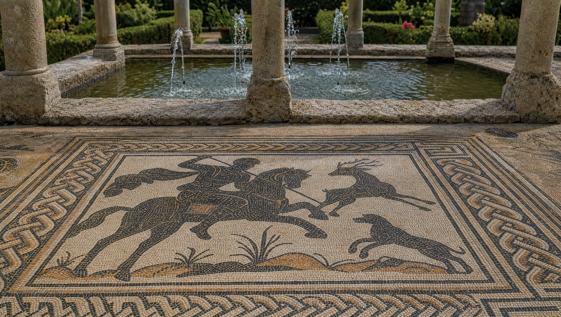 Mosaïque romaine de la Casa dos Repuxos à Conímbriga : scène de chasse et jets d'eau du péristyle.