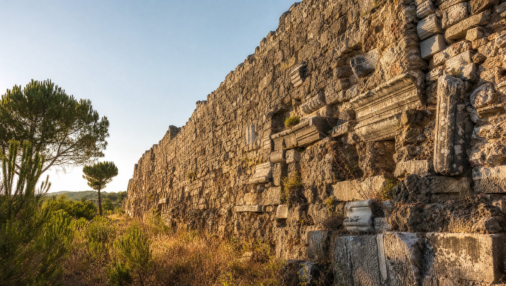 Muraille du Bas-Empire de Conímbriga, bâtie à la hâte avec des fragments de colonnes et de corniches romaines réemployés.