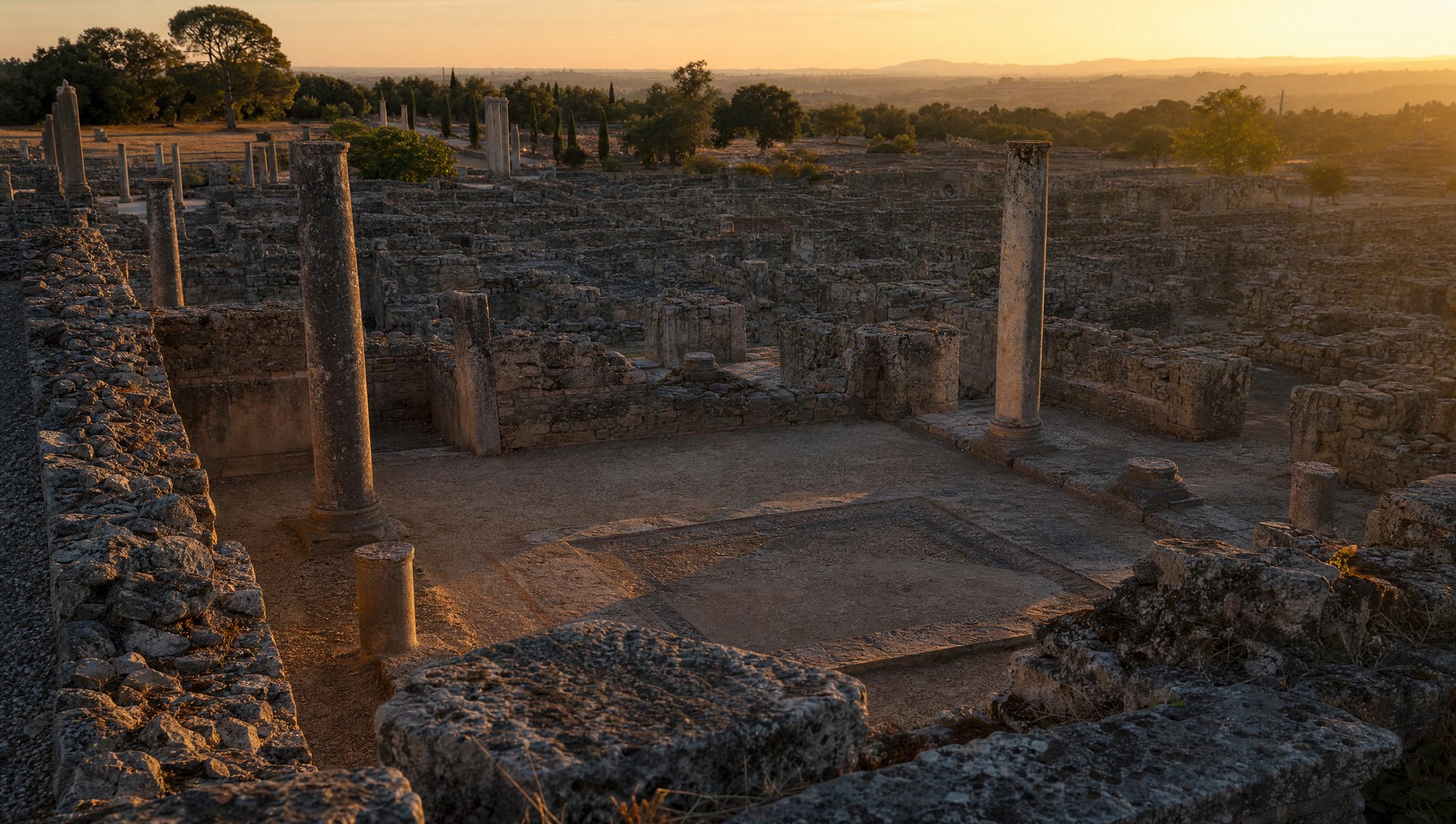 Ruines d'une vaste demeure romaine de Conímbriga au crépuscule, salles à ciel ouvert et bases de colonnes.