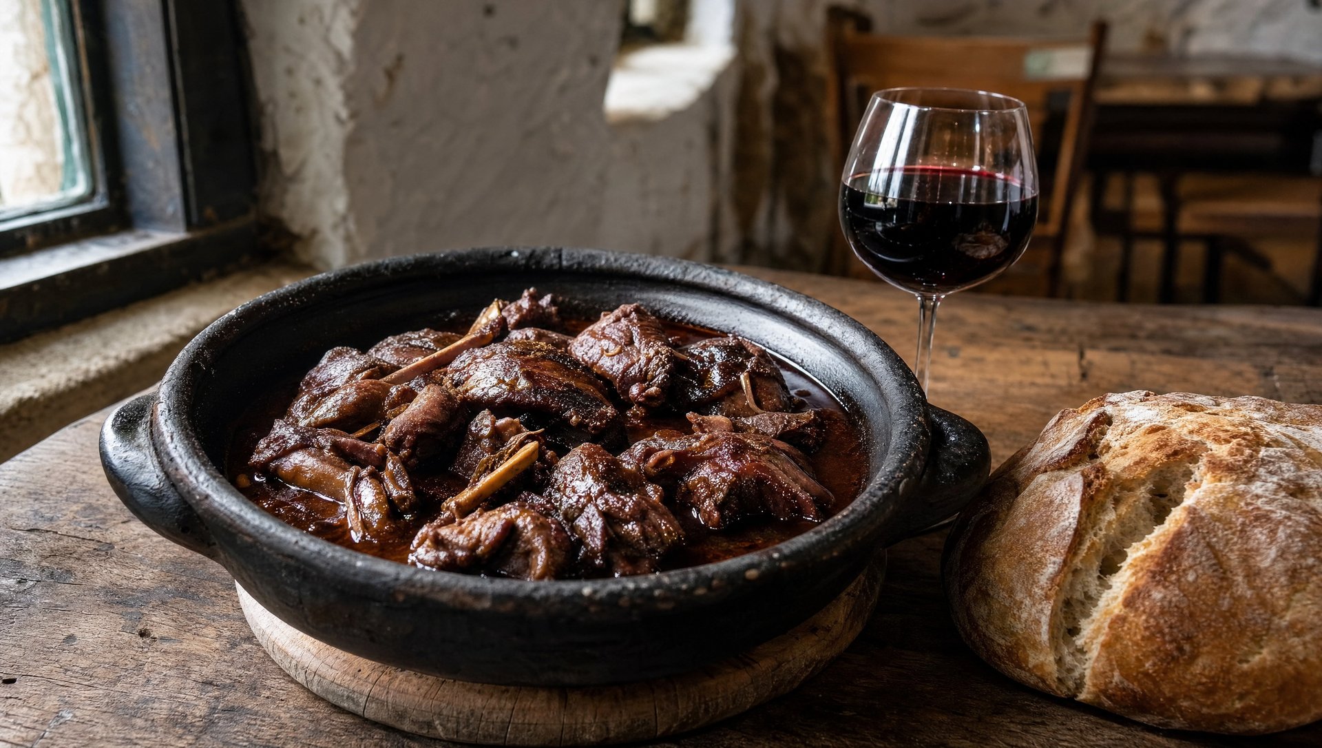 Chanfana : chevreau mijoté au vin rouge dans une caçoila de terre noircie, avec pain et vin de la Bairrada.