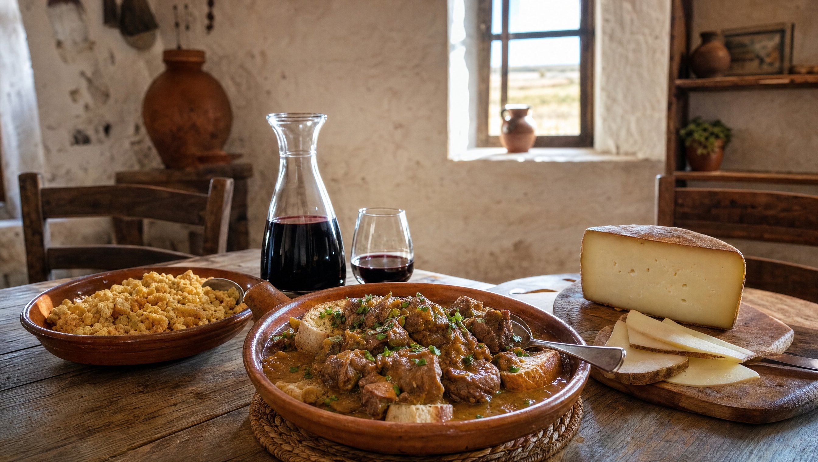 Table alentejane avec ensopado de borrego, migas et vin rouge