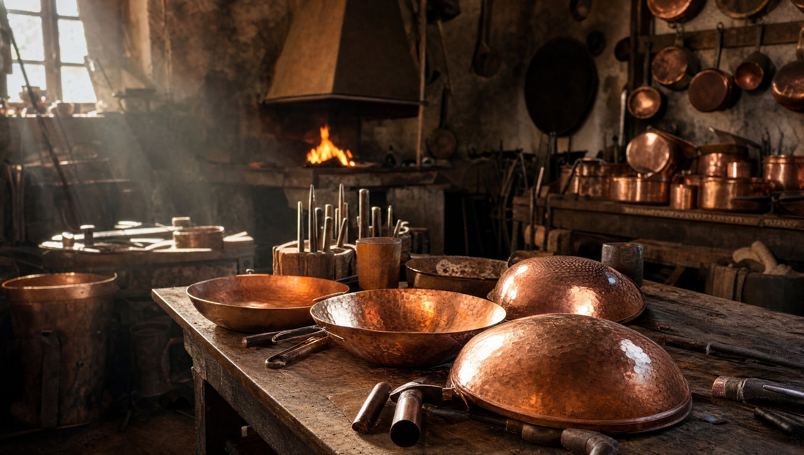 Atelier de chaudronnier avec cataplanas de cuivre en cours de fabrication