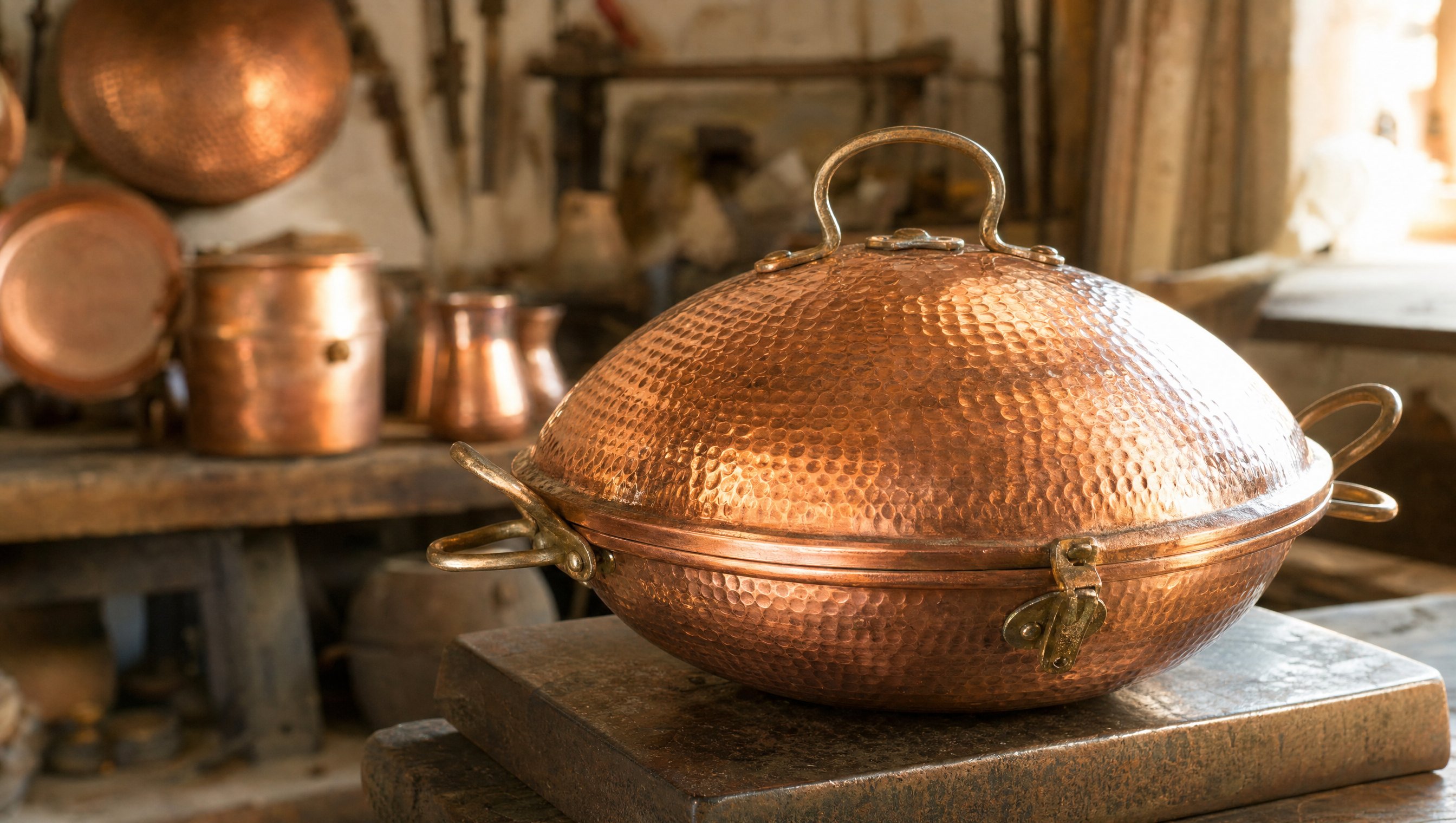 Cataplana de cuivre martelé dans un atelier de l'Algarve