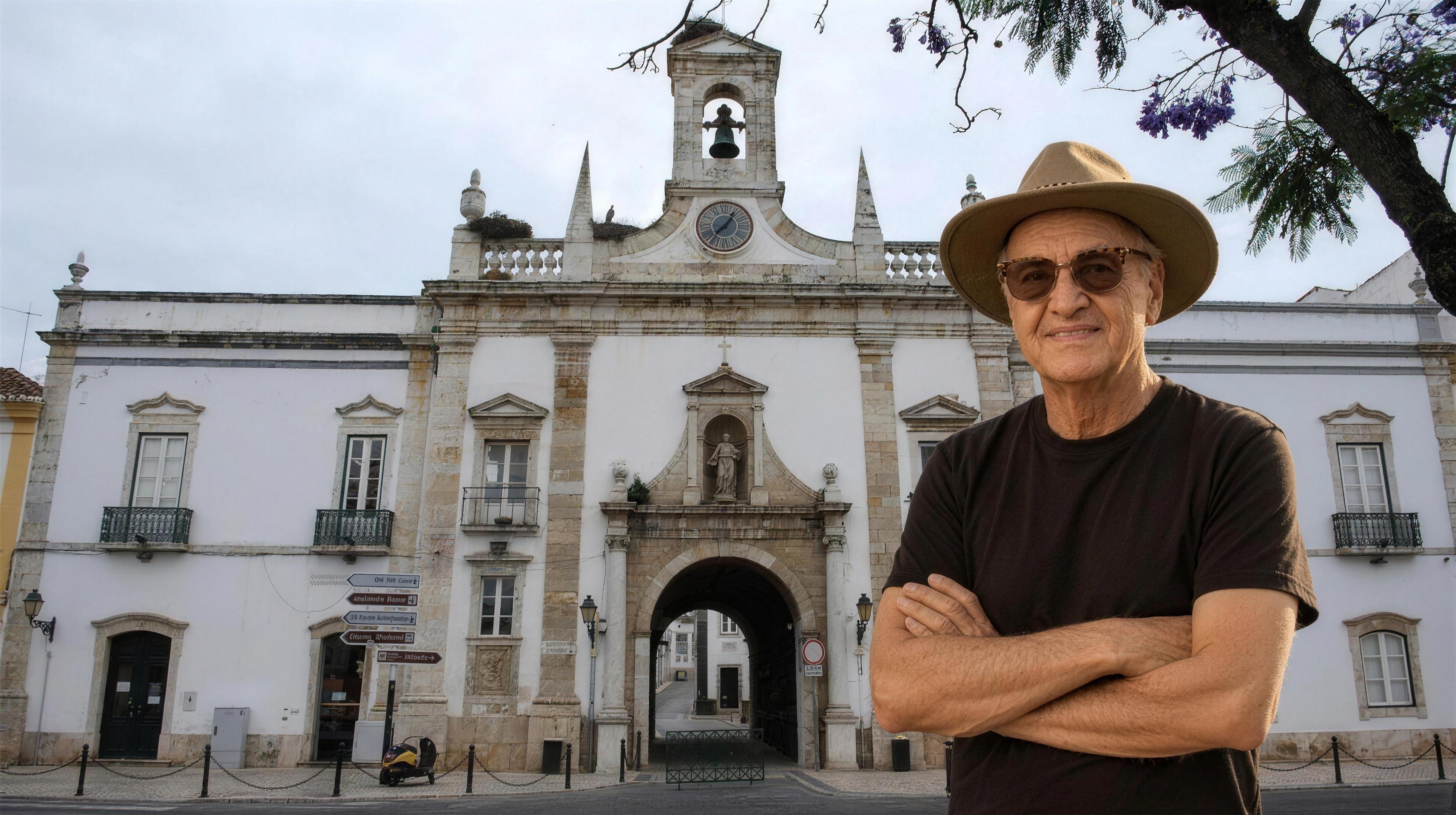 Lucas Lunes devant l'Arco da Vila, porte historique de Faro, Algarve