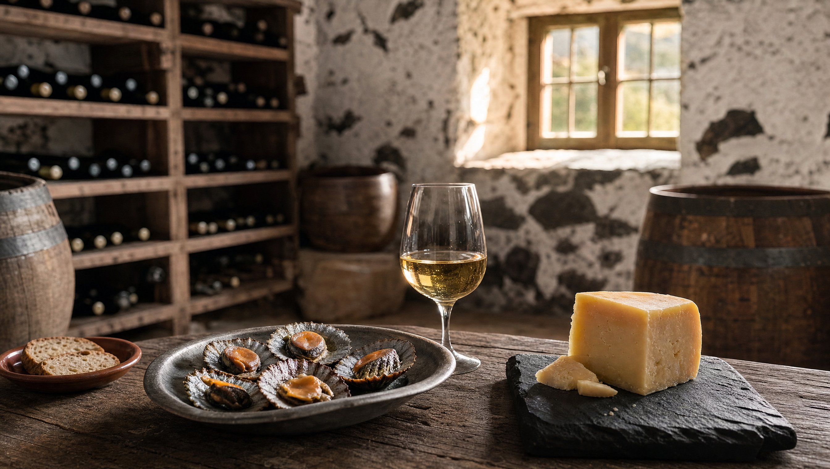 Table de l'adega avec lapas grillées, verdelho et fromage São Jorge