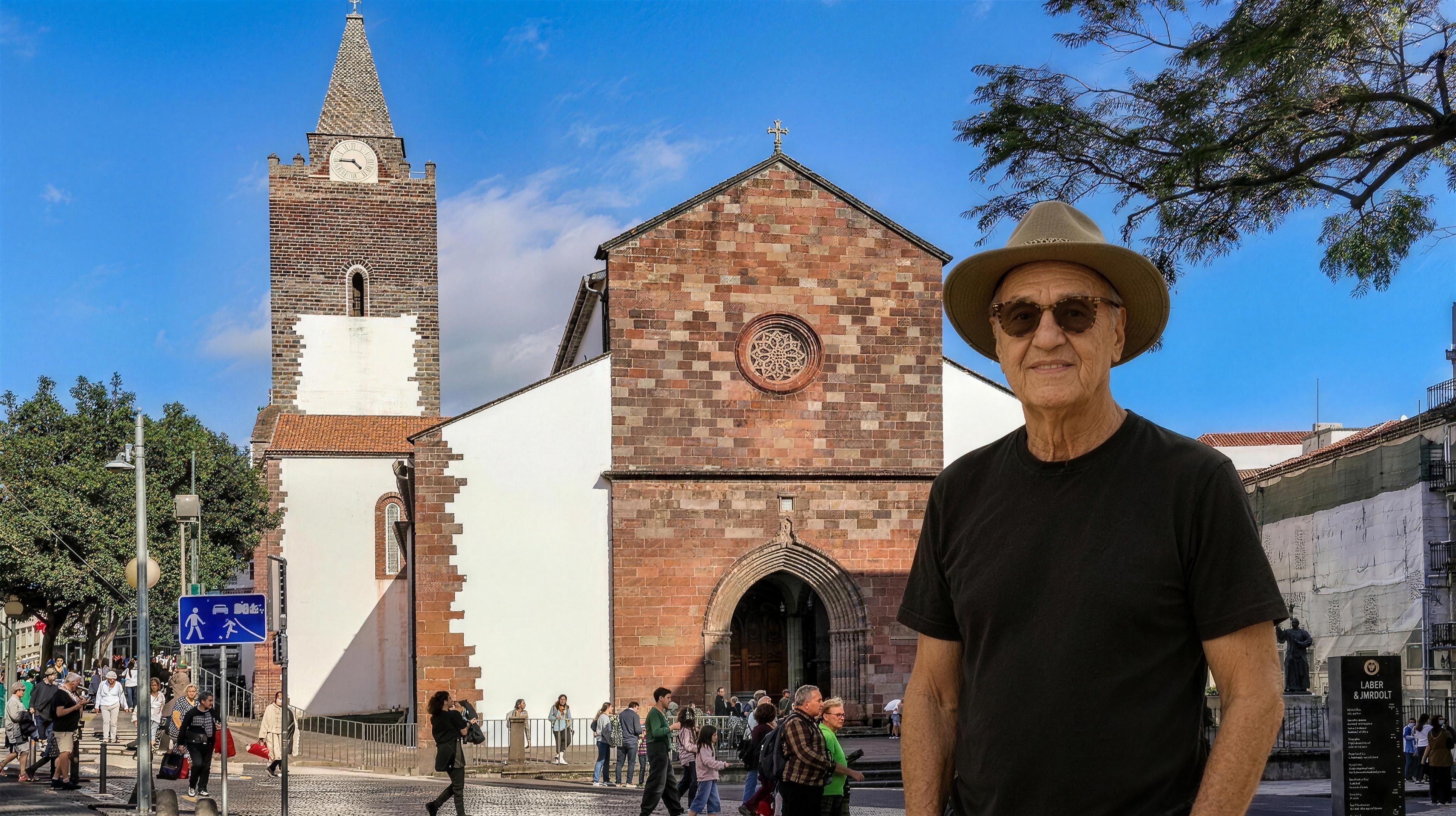 Lucas Lunes devant la façade gothique de la Sé Catedral do Funchal, Madère