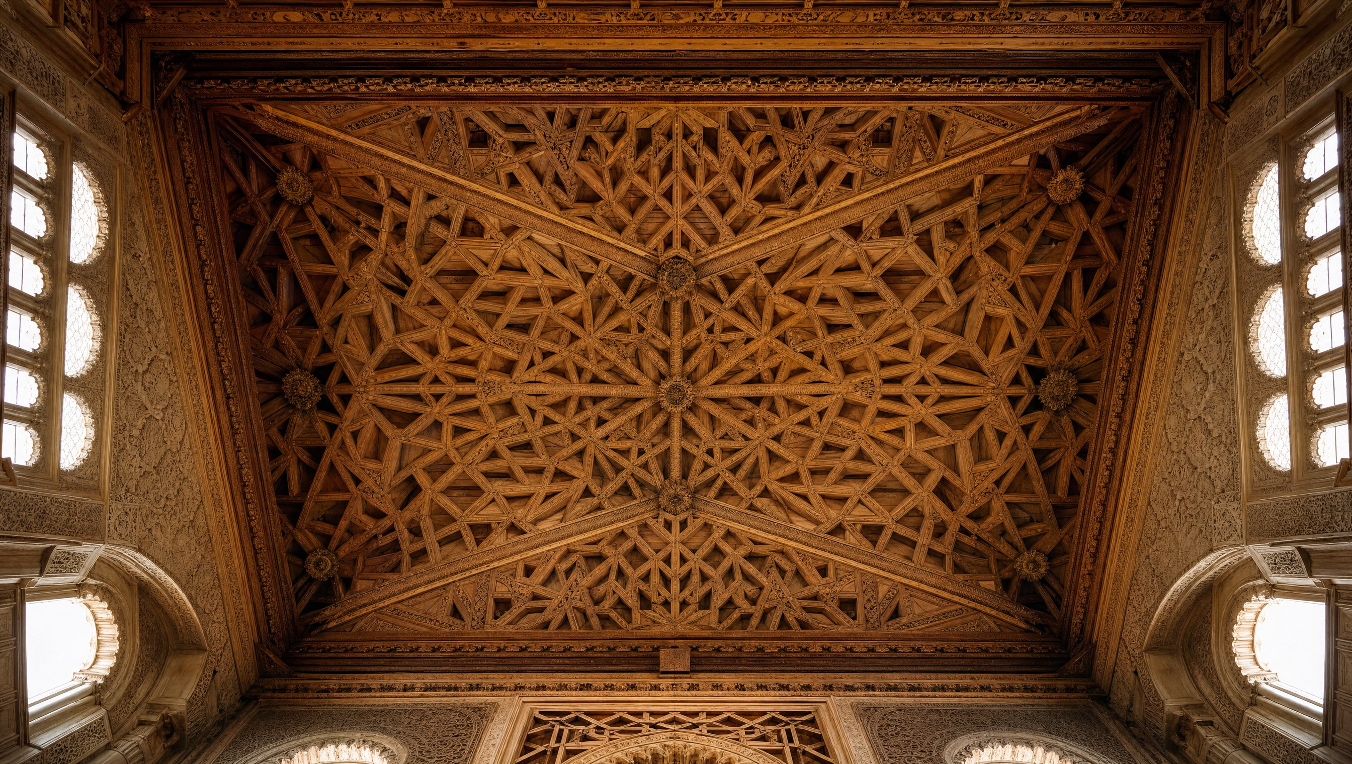 Plafond mudéjar de cèdre de la Sé do Funchal, vu d'en dessous