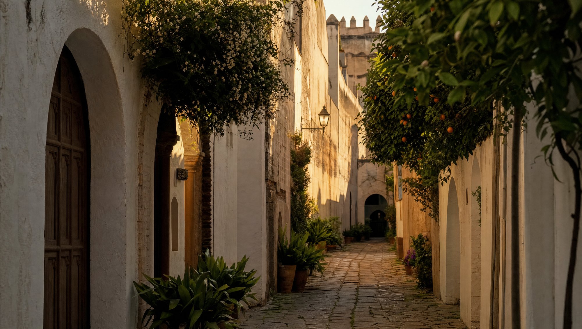 Ruelle blanchie de la Séville médiévale d'al-Andalus au crépuscule, orangers et jasmin