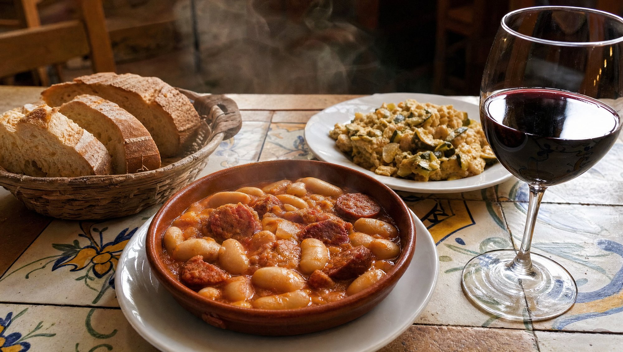 Table murcienne traditionnelle: michirones, zarangollo, pain et verre de vin rouge de Jumilla