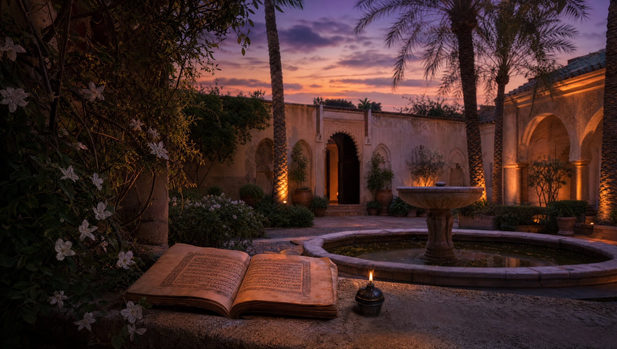 Jardin andalou au crépuscule avec fontaine et manuscrit soufi ouvert, ambiance contemplative