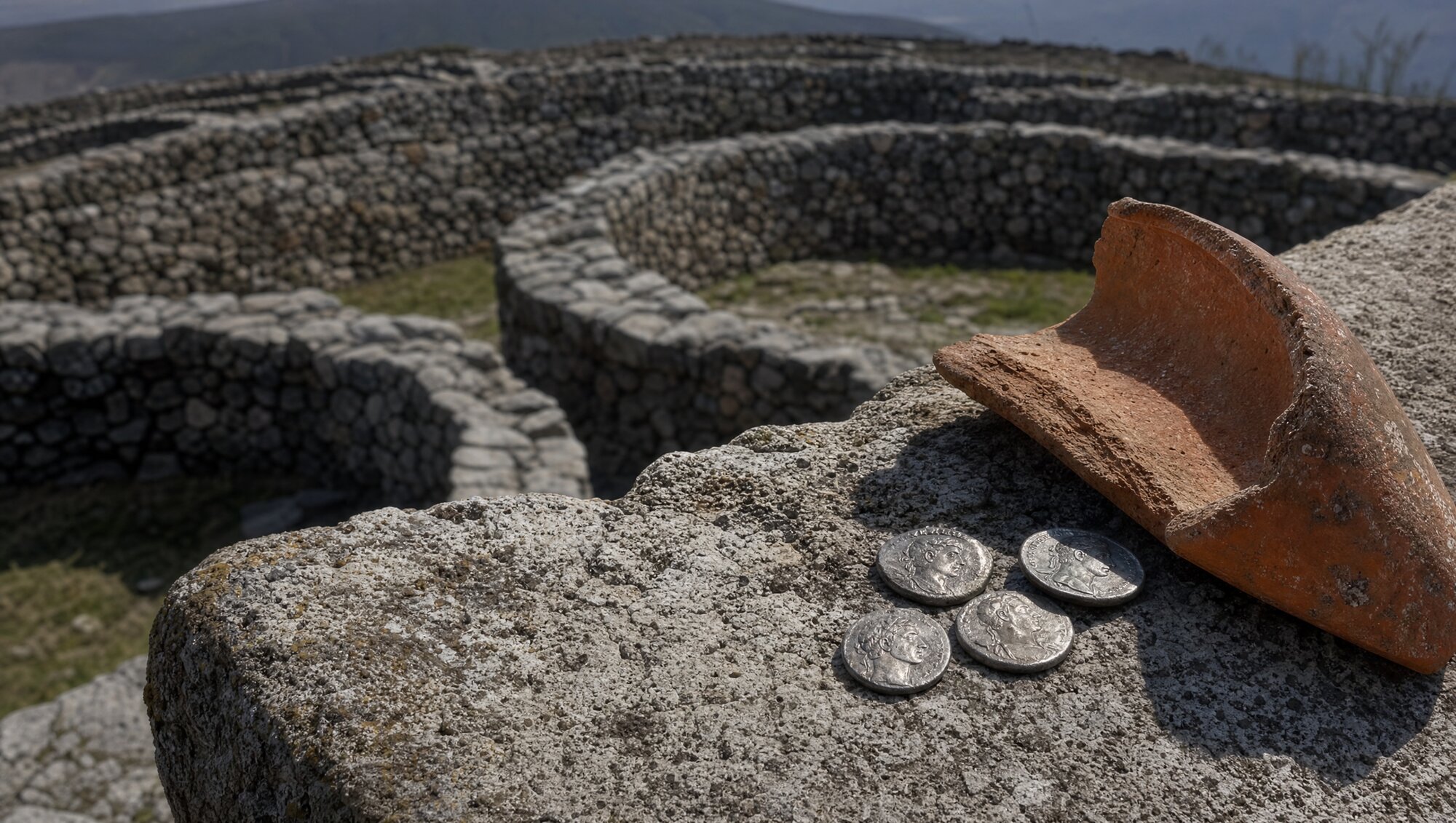 Monnaies romaines et fragment d'amphore sur les ruines celtes de Briteiros, signes de la lente romanisation.