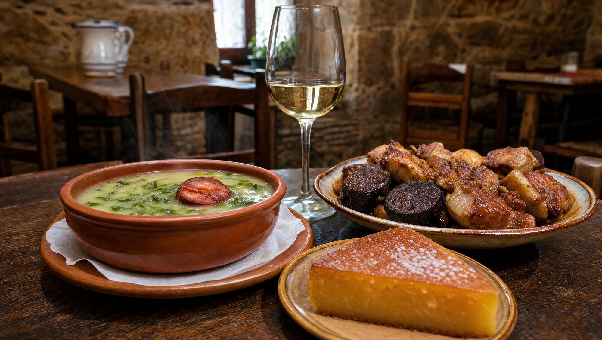 Table du Minho : caldo verde, rojões à moda do Minho, vinho verde et toucinho-do-céu.