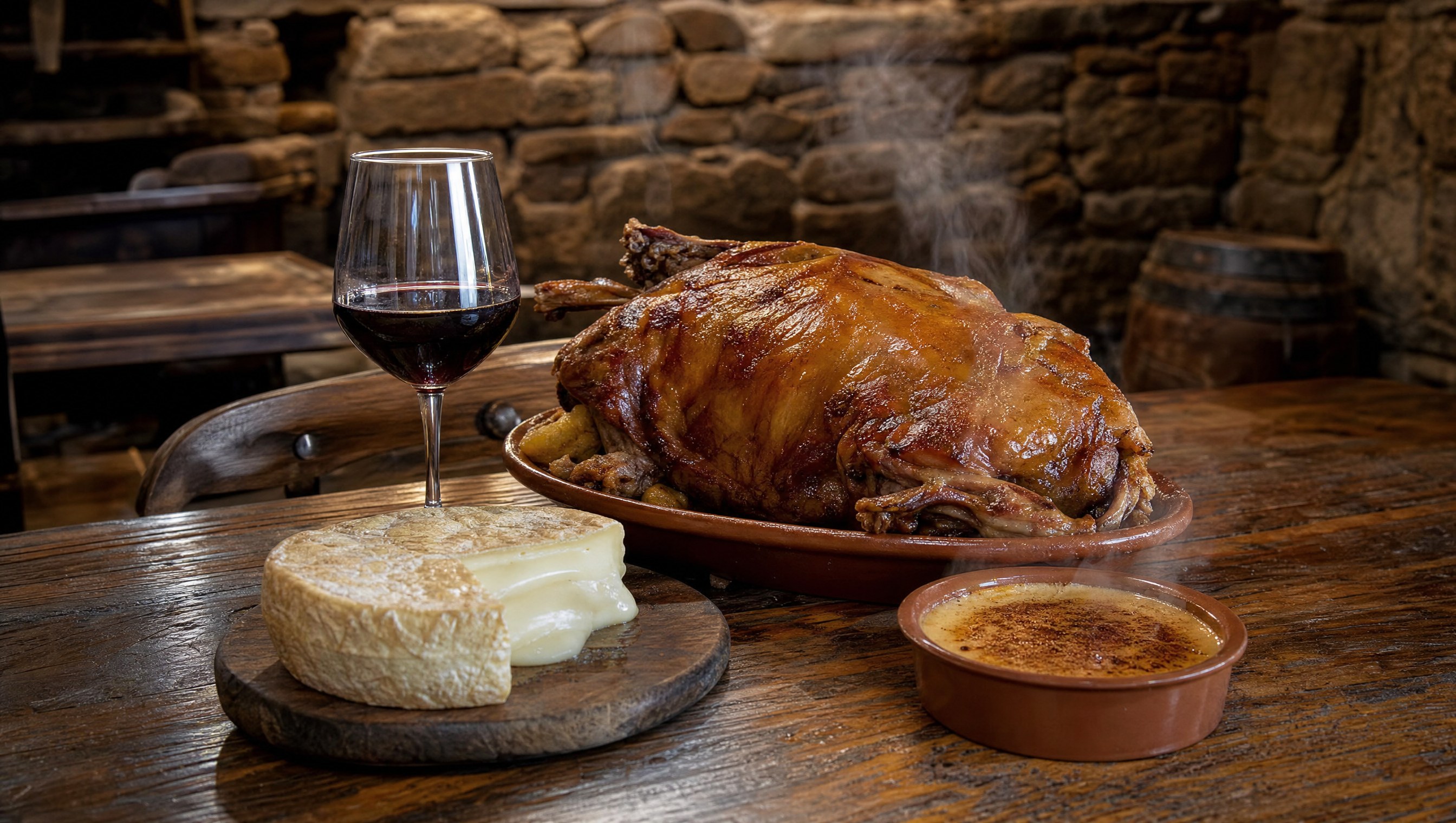 Table de la Beira : cabrito assado no forno, fromage Serra da Estrela, vin rouge et tigelada