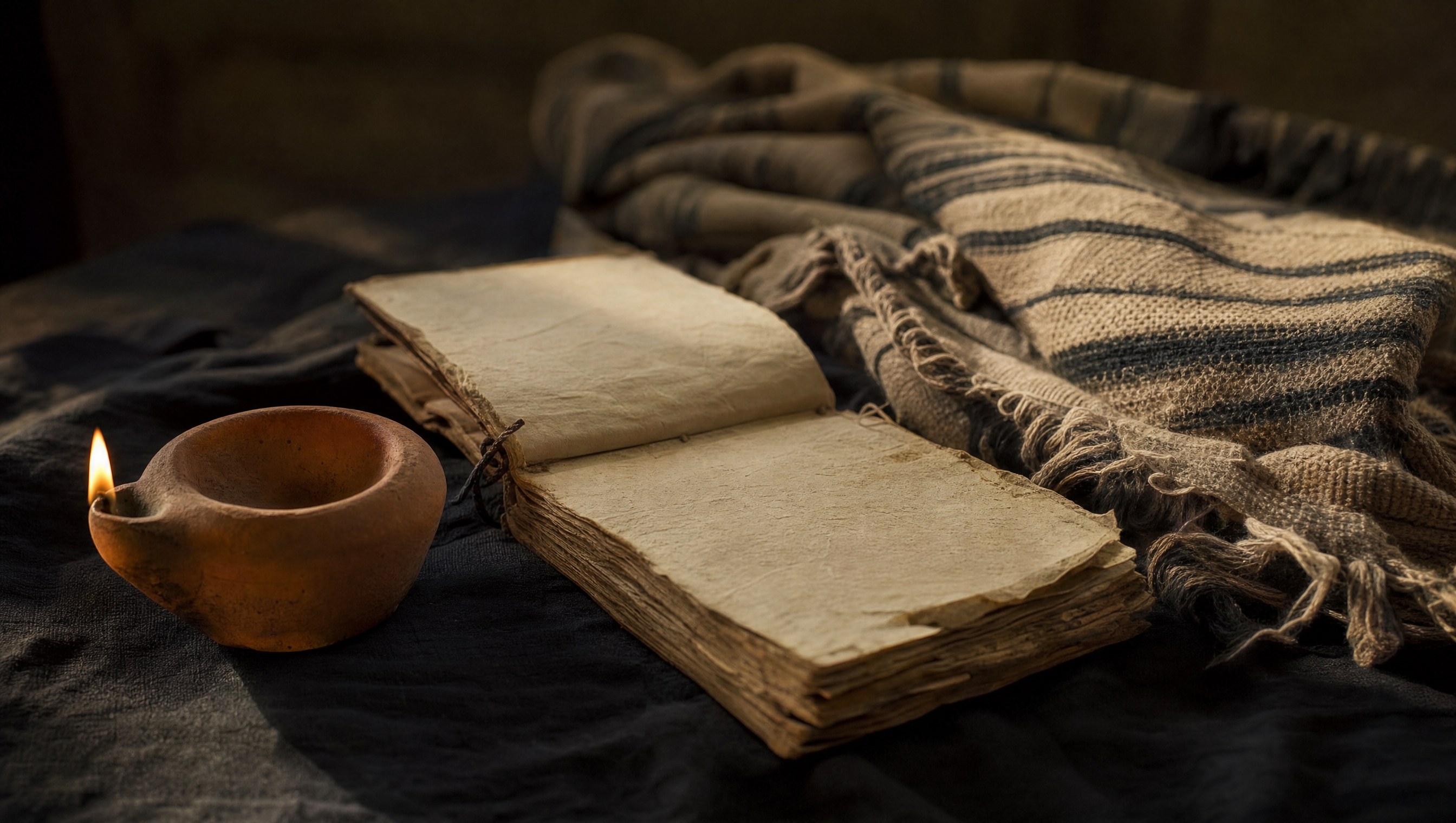 Reliques d’une foi cachée : lampe de terre cuite, cahier de prières manuscrit et châle usé, Museu Judaico de Belmonte