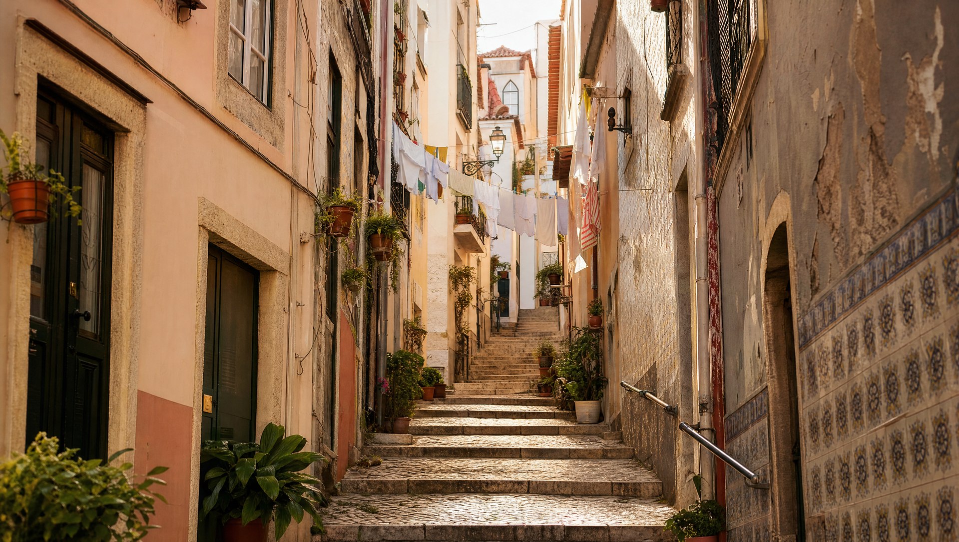 Ruelles en escalier de l'Alfama, façades couvertes d'azulejos écaillés, linge suspendu, lumière dorée de fin d'après-midi