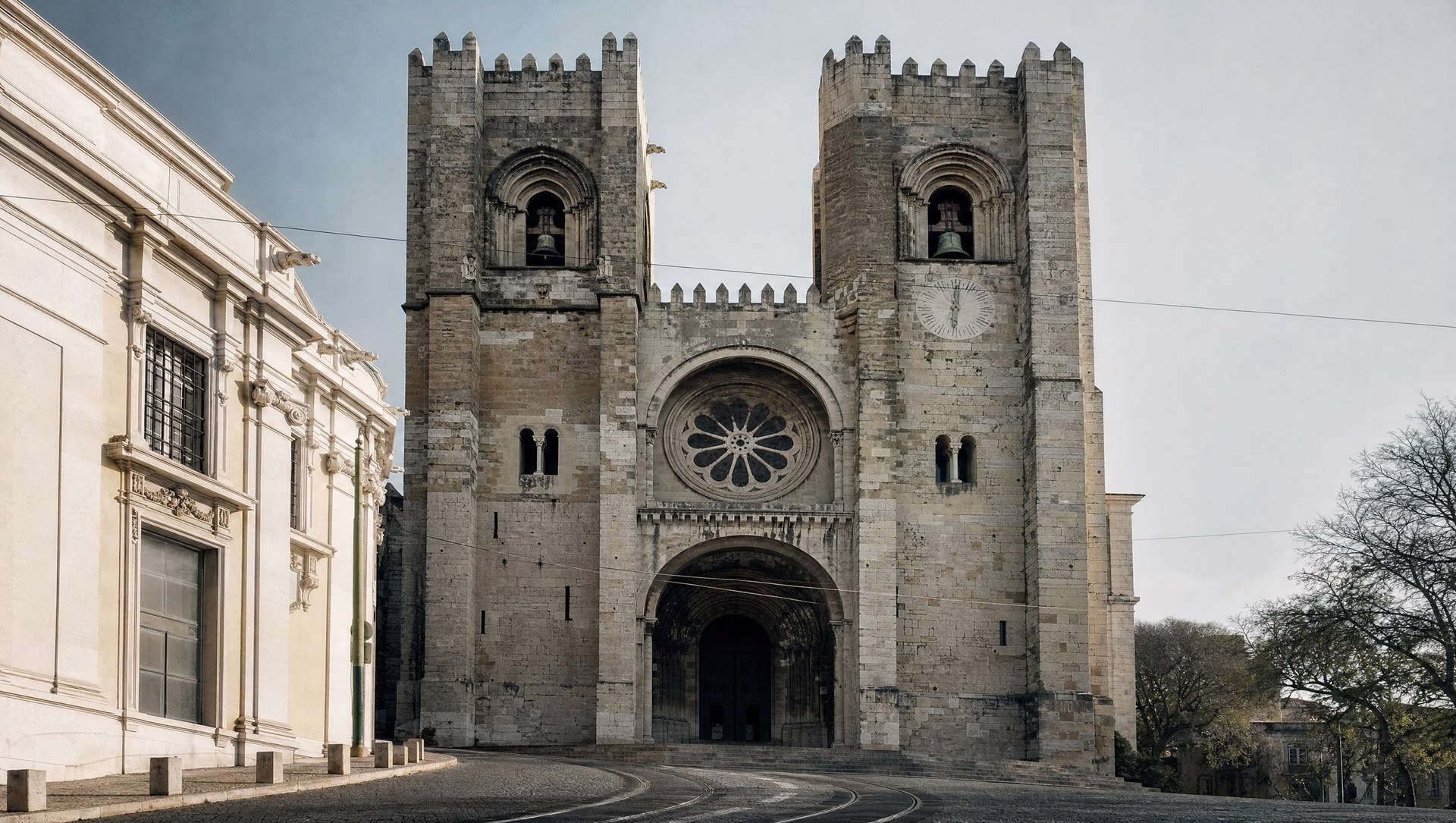 Façade trapue et fortifiée de la Sé de Lisbonne, deux tours crénelées de pierre, allure de forteresse romane